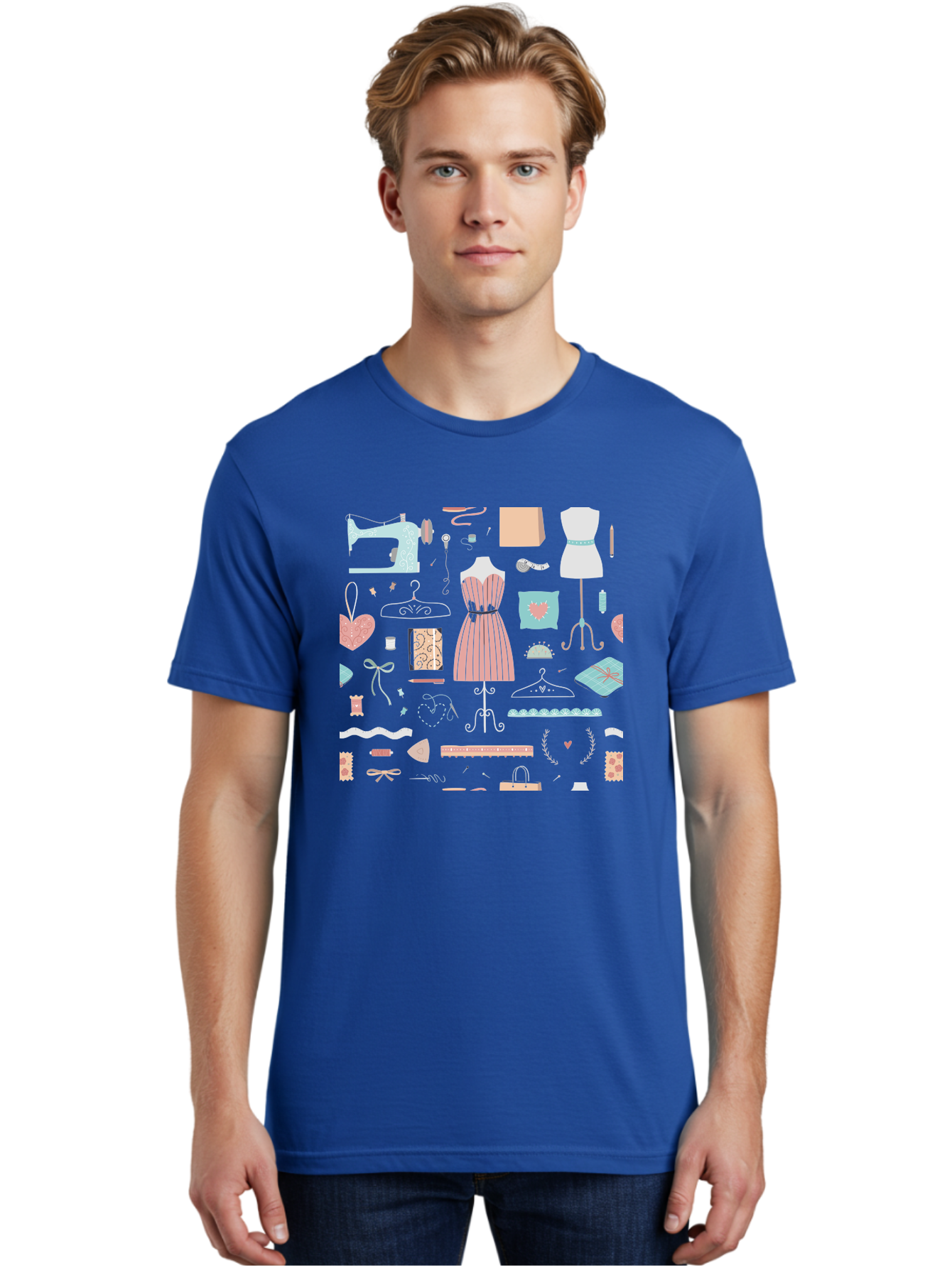 Sewing-Icons Men'S Graphic Tee, 100% Cotton, Comfortable Casual Summer Wear, Machine Washable, Fashion Design, Sewing Machine, Mannequin, Dress, Clothing Hangers, Sewing Accessories, Fashion Accessories, Gift Wrapping, Hearts, Bows, Ribbons, Aac099