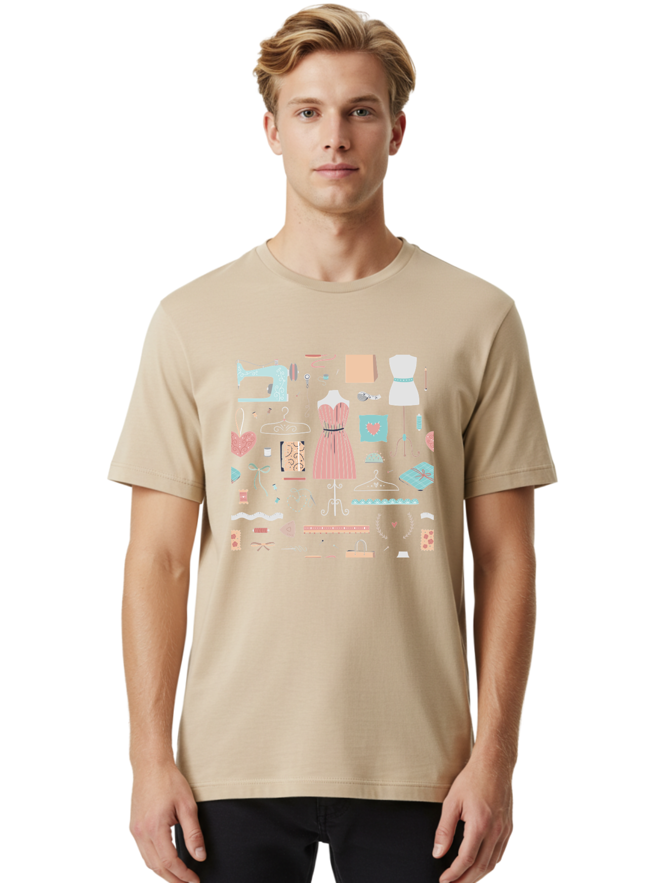 Sewing-Icons Men'S Graphic Tee, 100% Cotton, Comfortable Casual Summer Wear, Machine Washable, Fashion Design, Sewing Machine, Mannequin, Dress, Clothing Hangers, Sewing Accessories, Fashion Accessories, Gift Wrapping, Hearts, Bows, Ribbons, Aac099
