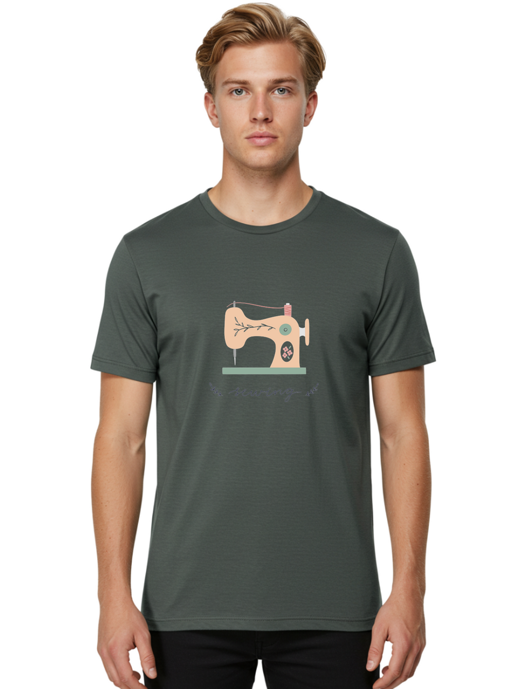 Sewing-Machine-1 Men'S Graphic Tee, 100% Cotton, Comfortable Casual Summer Wear, Machine Washable, Sewing Machine, Pink Floral Pattern, Beige Machine, Green Base, Red Thread, White Leaf Design, Creative Hobbies, Handmade Crafts, Needlework, Aac100