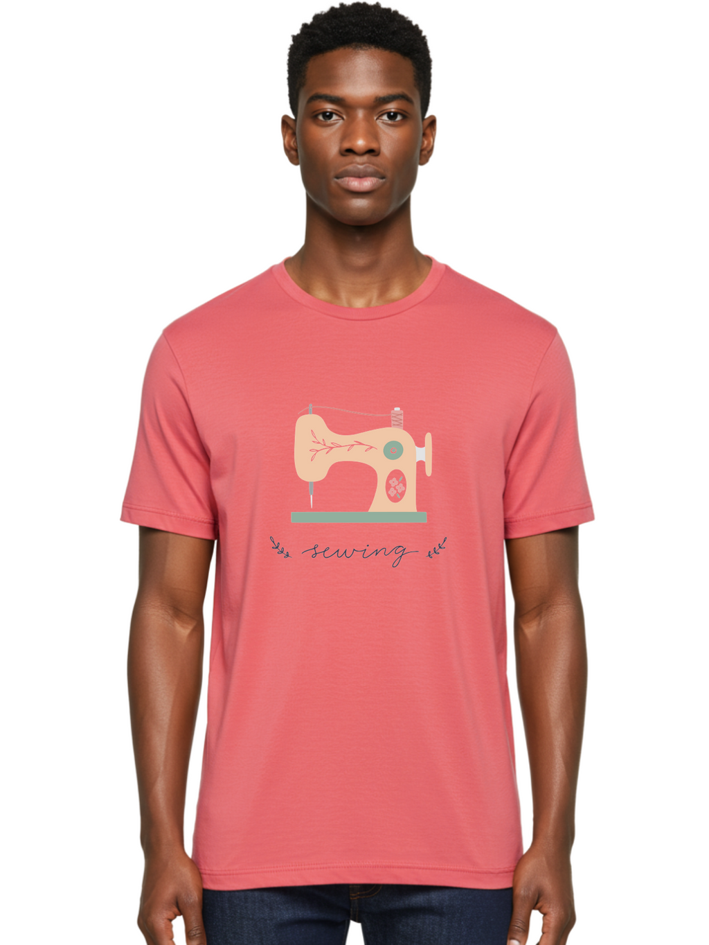 Sewing-Machine-1 Men'S Graphic Tee, 100% Cotton, Comfortable Casual Summer Wear, Machine Washable, Sewing Machine, Pink Floral Pattern, Beige Machine, Green Base, Red Thread, White Leaf Design, Creative Hobbies, Handmade Crafts, Needlework, Aac100