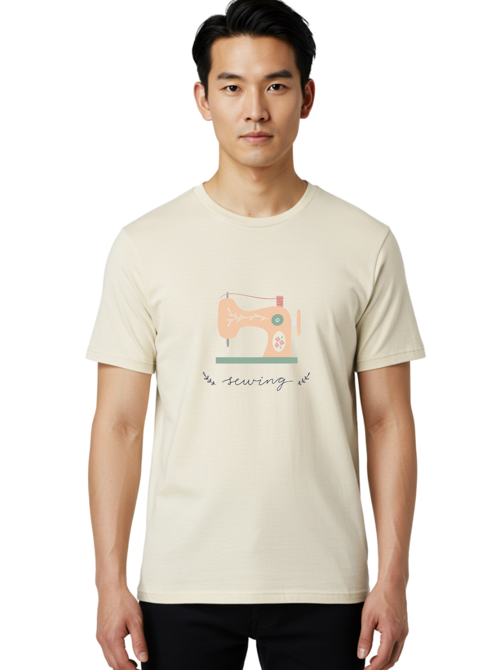 Sewing-Machine-1 Men'S Graphic Tee, 100% Cotton, Comfortable Casual Summer Wear, Machine Washable, Sewing Machine, Pink Floral Pattern, Beige Machine, Green Base, Red Thread, White Leaf Design, Creative Hobbies, Handmade Crafts, Needlework, Aac100