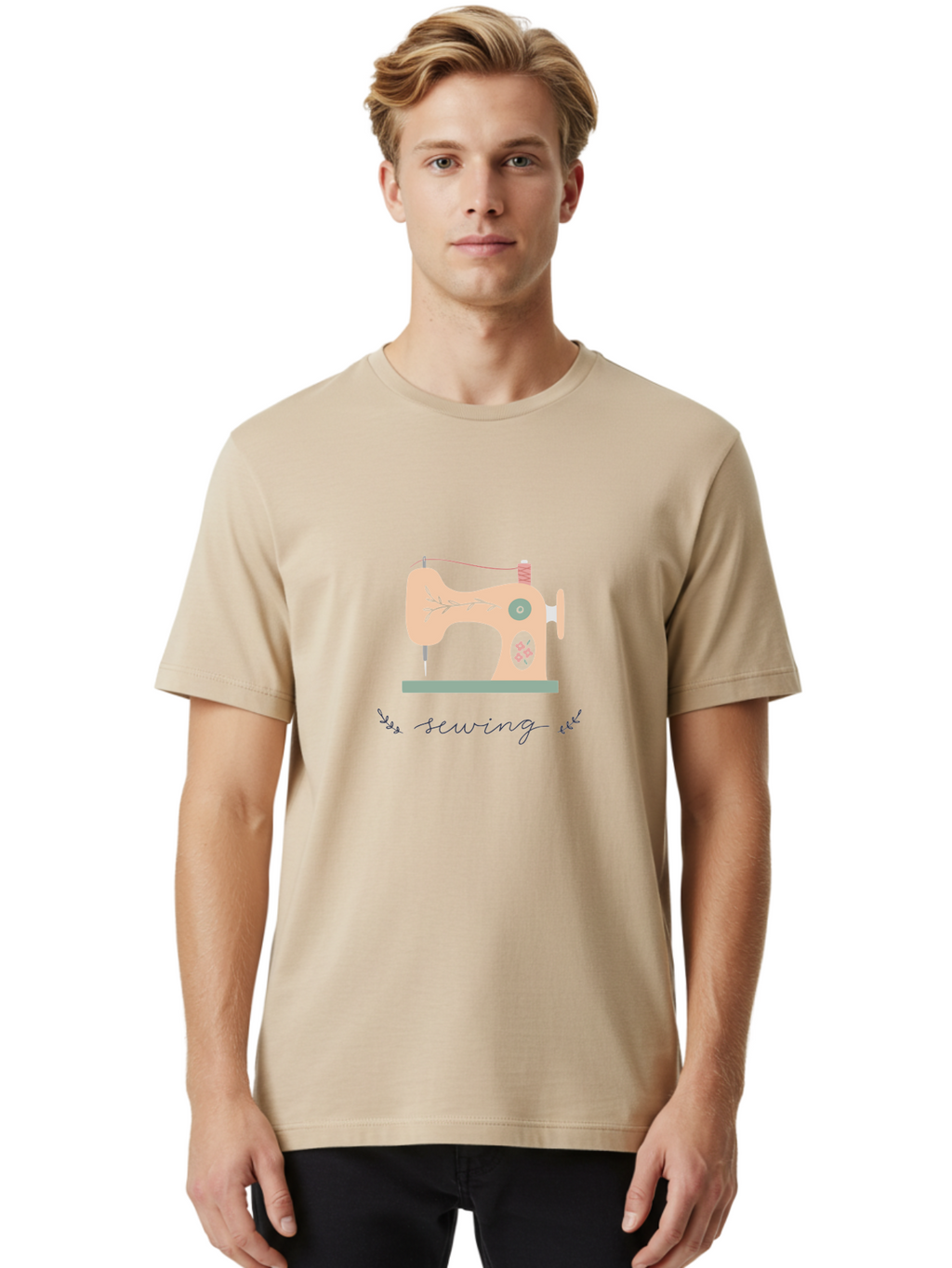 Sewing-Machine-1 Men'S Graphic Tee, 100% Cotton, Comfortable Casual Summer Wear, Machine Washable, Sewing Machine, Pink Floral Pattern, Beige Machine, Green Base, Red Thread, White Leaf Design, Creative Hobbies, Handmade Crafts, Needlework, Aac100