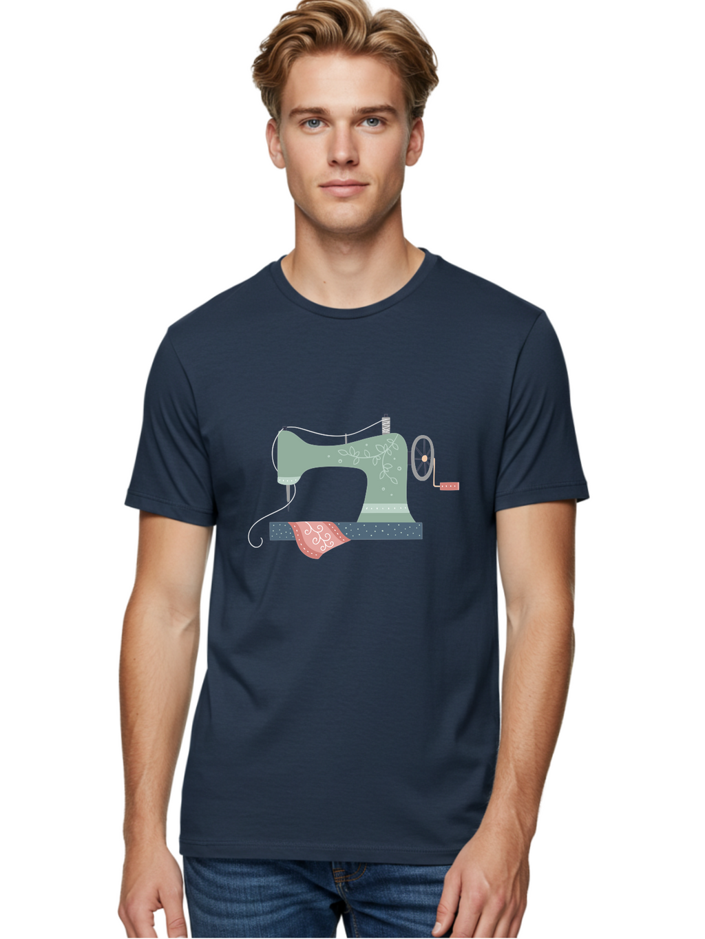 Sewing-Machine-4 Men'S Graphic Tee, 100% Cotton, Comfortable Casual Summer Wear, Machine Washable, Vintage Sewing Machine, Floral Design, Sewing Thread, Handmade Crafts, Diy Fashion, Creative Hobbies, Stitching, Needlework, Embroidery, Aac103