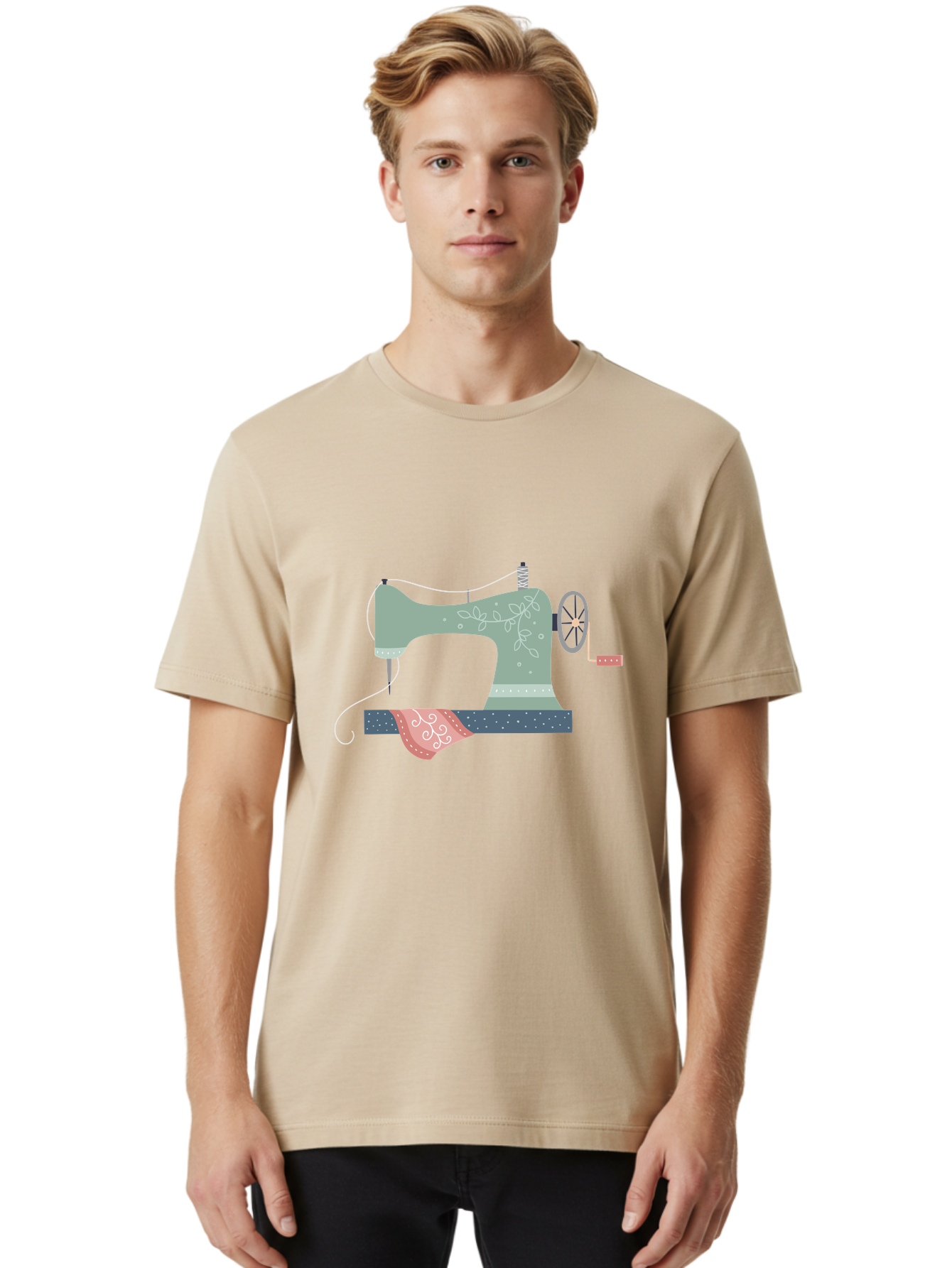 Sewing-Machine-4 Men'S Graphic Tee, 100% Cotton, Comfortable Casual Summer Wear, Machine Washable, Vintage Sewing Machine, Floral Design, Sewing Thread, Handmade Crafts, Diy Fashion, Creative Hobbies, Stitching, Needlework, Embroidery, Aac103