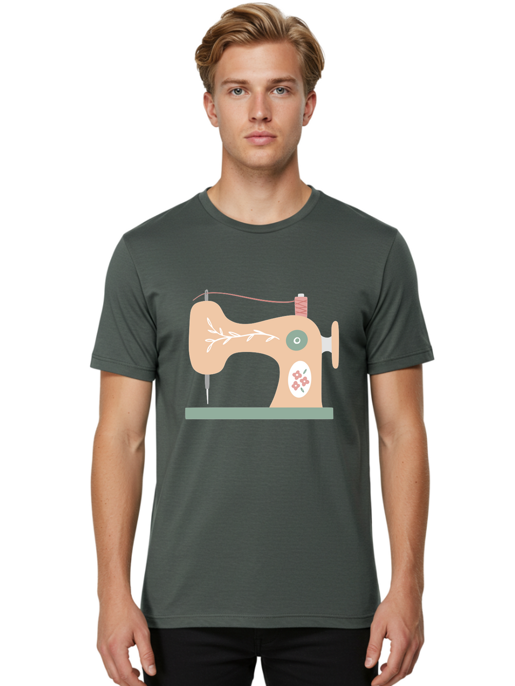 Sewing-Machine-5 Men'S Graphic Tee, 100% Cotton, Comfortable Casual Summer Wear, Machine Washable, Vintage Sewing Machine, Floral Patterns, Embroidery Designs, Needle And Thread, Pastel Colors, Creative Crafting, Diy Sewing, Textile Art, Aac104