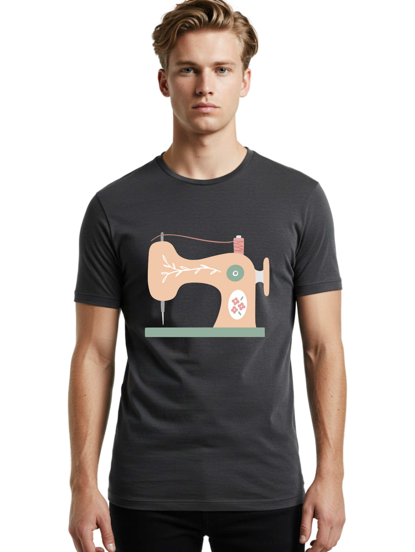 Sewing-Machine-5 Men'S Graphic Tee, 100% Cotton, Comfortable Casual Summer Wear, Machine Washable, Vintage Sewing Machine, Floral Patterns, Embroidery Designs, Needle And Thread, Pastel Colors, Creative Crafting, Diy Sewing, Textile Art, Aac104