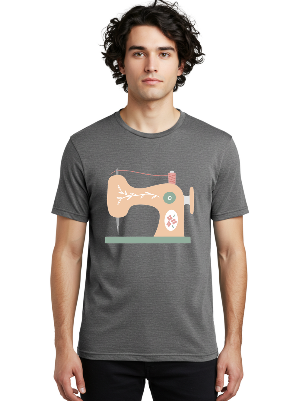 Sewing-Machine-5 Men'S Graphic Tee, 100% Cotton, Comfortable Casual Summer Wear, Machine Washable, Vintage Sewing Machine, Floral Patterns, Embroidery Designs, Needle And Thread, Pastel Colors, Creative Crafting, Diy Sewing, Textile Art, Aac104