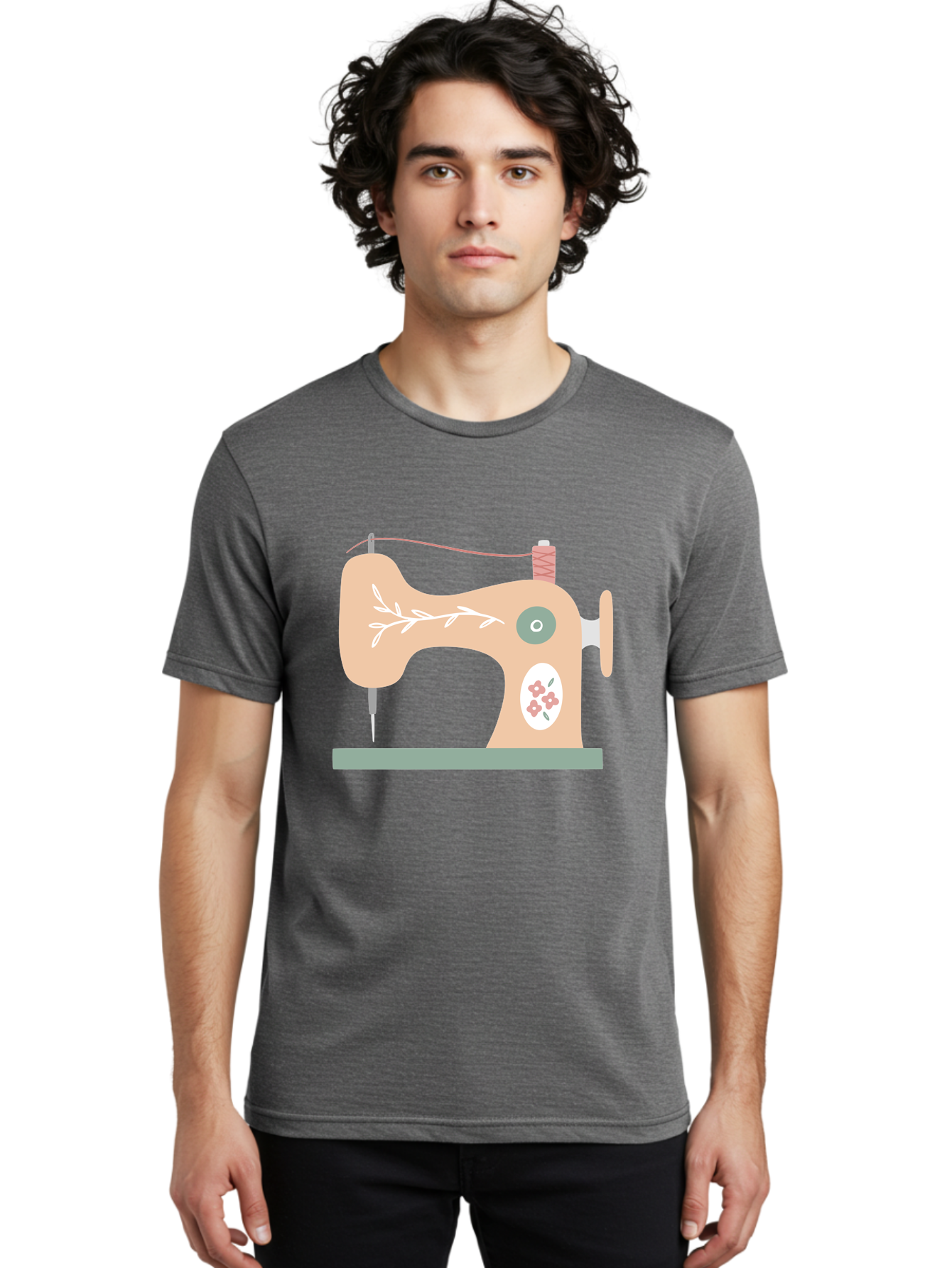 Sewing-Machine-5 Men'S Graphic Tee, 100% Cotton, Comfortable Casual Summer Wear, Machine Washable, Vintage Sewing Machine, Floral Patterns, Embroidery Designs, Needle And Thread, Pastel Colors, Creative Crafting, Diy Sewing, Textile Art, Aac104