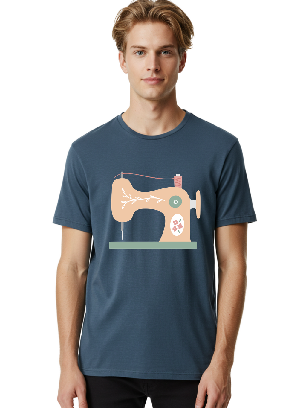Sewing-Machine-5 Men'S Graphic Tee, 100% Cotton, Comfortable Casual Summer Wear, Machine Washable, Vintage Sewing Machine, Floral Patterns, Embroidery Designs, Needle And Thread, Pastel Colors, Creative Crafting, Diy Sewing, Textile Art, Aac104