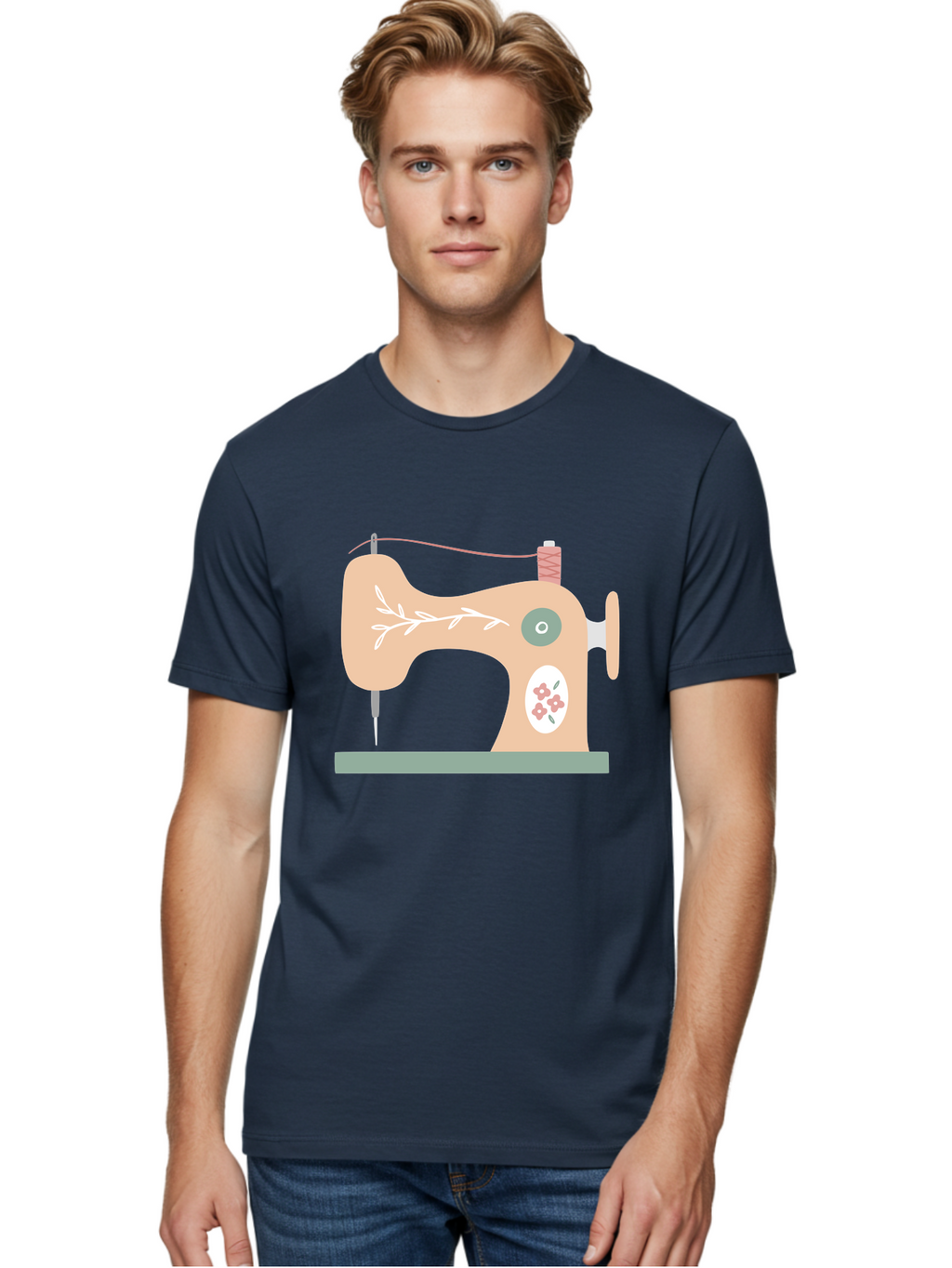 Sewing-Machine-5 Men'S Graphic Tee, 100% Cotton, Comfortable Casual Summer Wear, Machine Washable, Vintage Sewing Machine, Floral Patterns, Embroidery Designs, Needle And Thread, Pastel Colors, Creative Crafting, Diy Sewing, Textile Art, Aac104
