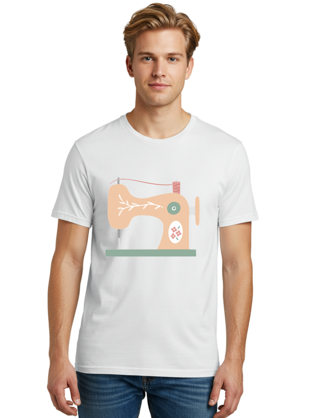 Sewing-Machine-5 Men'S Graphic Tee, 100% Cotton, Comfortable Casual Summer Wear, Machine Washable, Vintage Sewing Machine, Floral Patterns, Embroidery Designs, Needle And Thread, Pastel Colors, Creative Crafting, Diy Sewing, Textile Art, Aac104