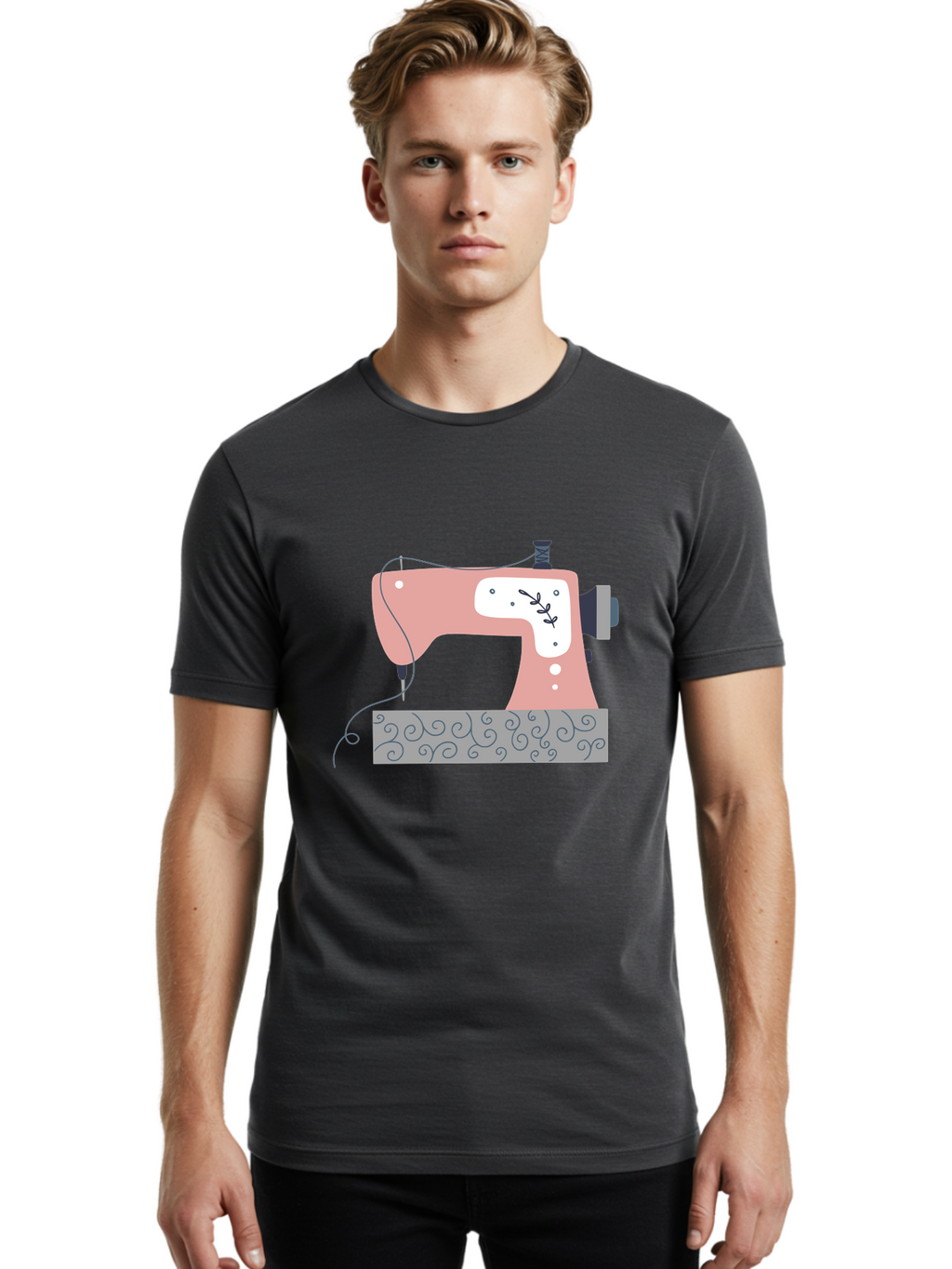 Sewing-Machine-6 Men'S Graphic Tee, 100% Cotton, Comfortable Casual Summer Wear, Machine Washable, Sewing Machine, Pink And White Machine, Thread And Fabric, Sewing Hobby, Crafting, Needlework, Handmade, Tailoring Aac105