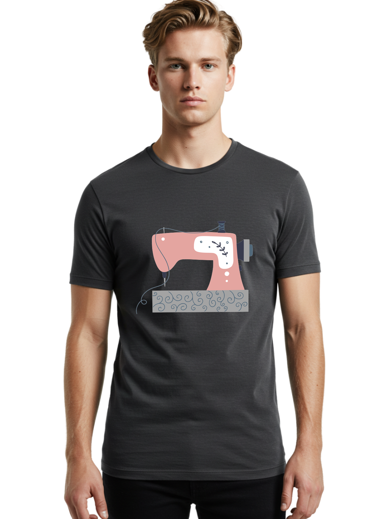 Sewing-Machine-6 Men'S Graphic Tee, 100% Cotton, Comfortable Casual Summer Wear, Machine Washable, Sewing Machine, Pink And White Machine, Thread And Fabric, Sewing Hobby, Crafting, Needlework, Handmade, Tailoring Aac105