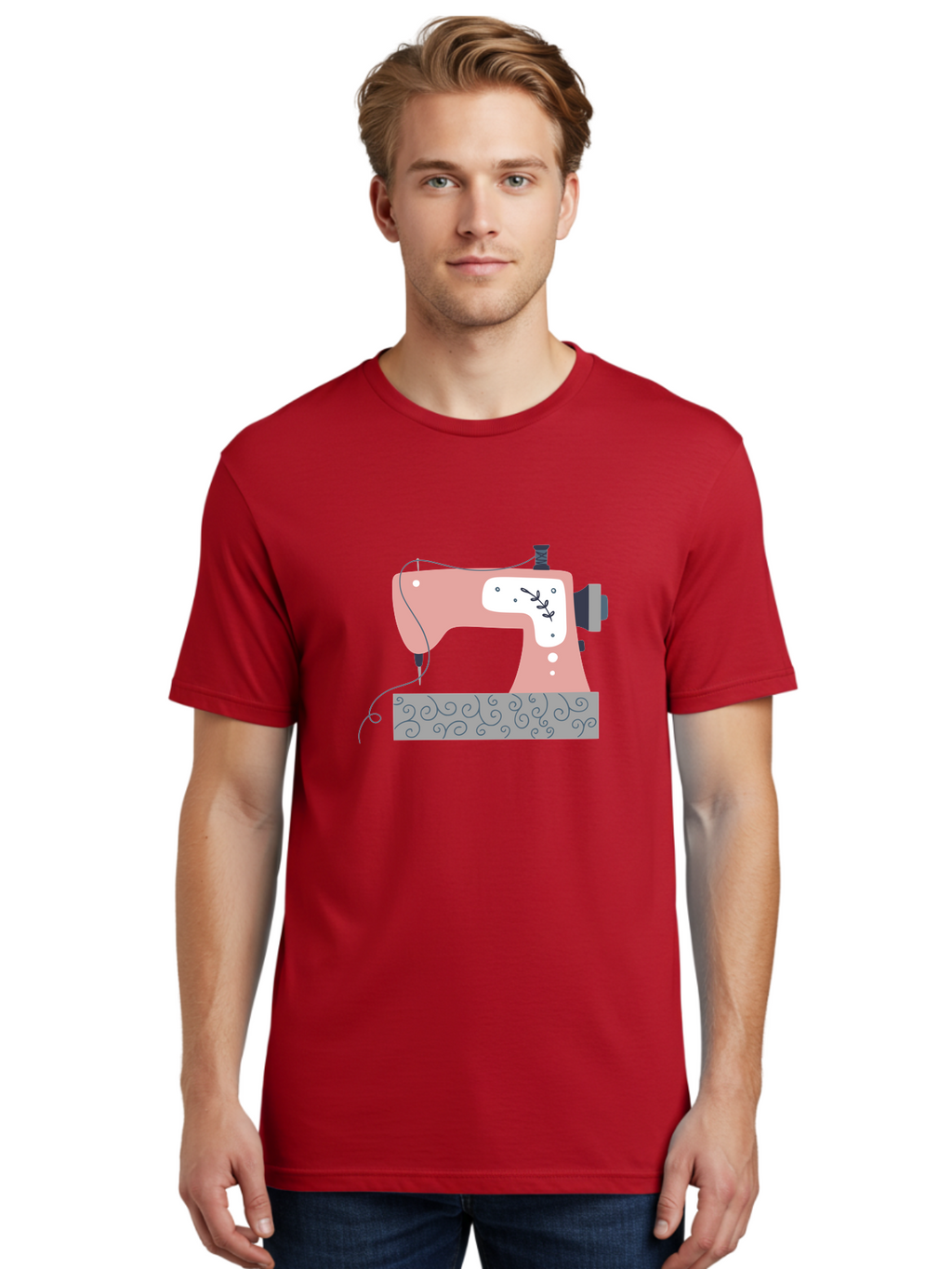 Sewing-Machine-6 Men'S Graphic Tee, 100% Cotton, Comfortable Casual Summer Wear, Machine Washable, Sewing Machine, Pink And White Machine, Thread And Fabric, Sewing Hobby, Crafting, Needlework, Handmade, Tailoring Aac105