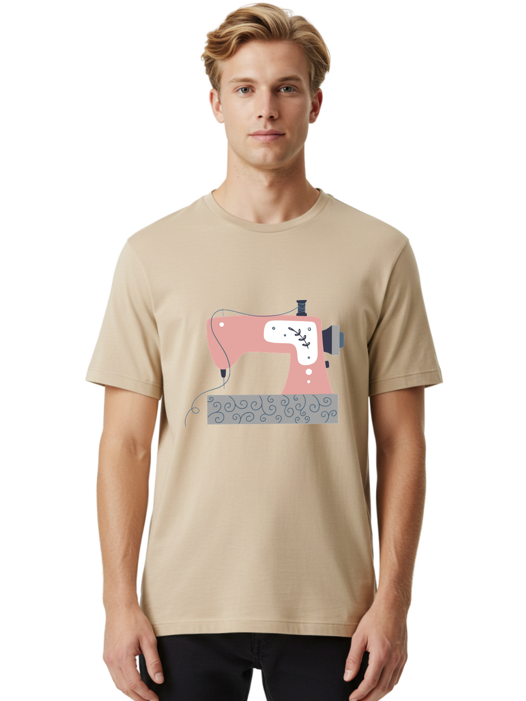 Sewing-Machine-6 Men'S Graphic Tee, 100% Cotton, Comfortable Casual Summer Wear, Machine Washable, Sewing Machine, Pink And White Machine, Thread And Fabric, Sewing Hobby, Crafting, Needlework, Handmade, Tailoring Aac105
