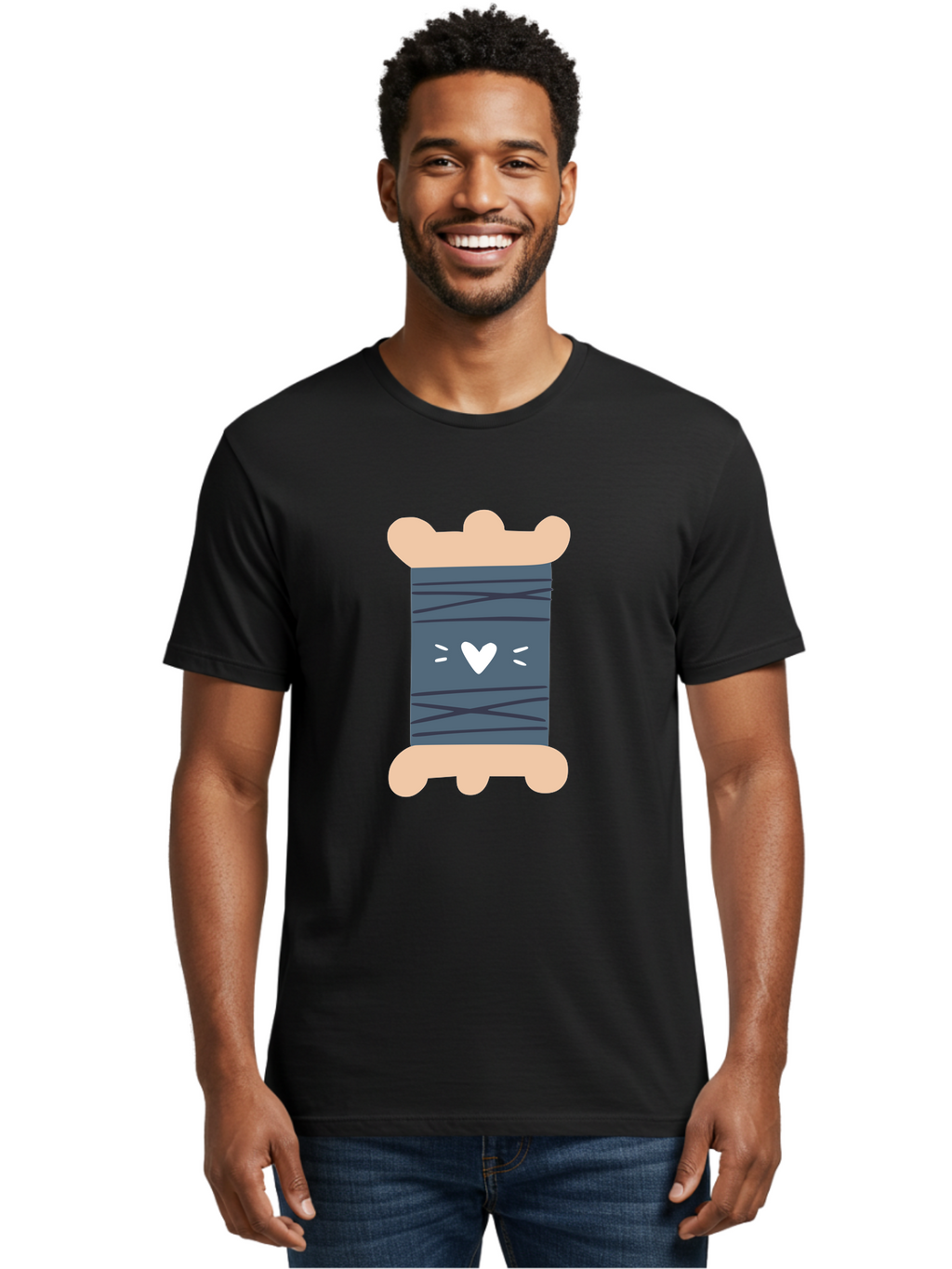 Spool-Of-Thread-2 Men'S Graphic Tee, 100% Cotton, Comfortable Casual Summer Wear, Machine Washable, Spool Of Thread, Sewing Supplies, Crafting Materials, Dark Blue Thread, Heart Symbol, Cute Design, Embroidery Thread, Sewing Kit Aac115