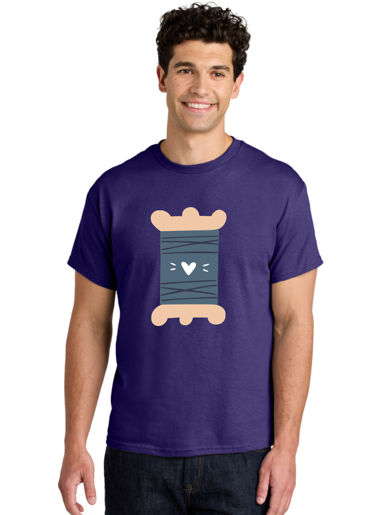 Spool-Of-Thread-2 Men'S Graphic Tee, 100% Cotton, Comfortable Casual Summer Wear, Machine Washable, Spool Of Thread, Sewing Supplies, Crafting Materials, Dark Blue Thread, Heart Symbol, Cute Design, Embroidery Thread, Sewing Kit Aac115