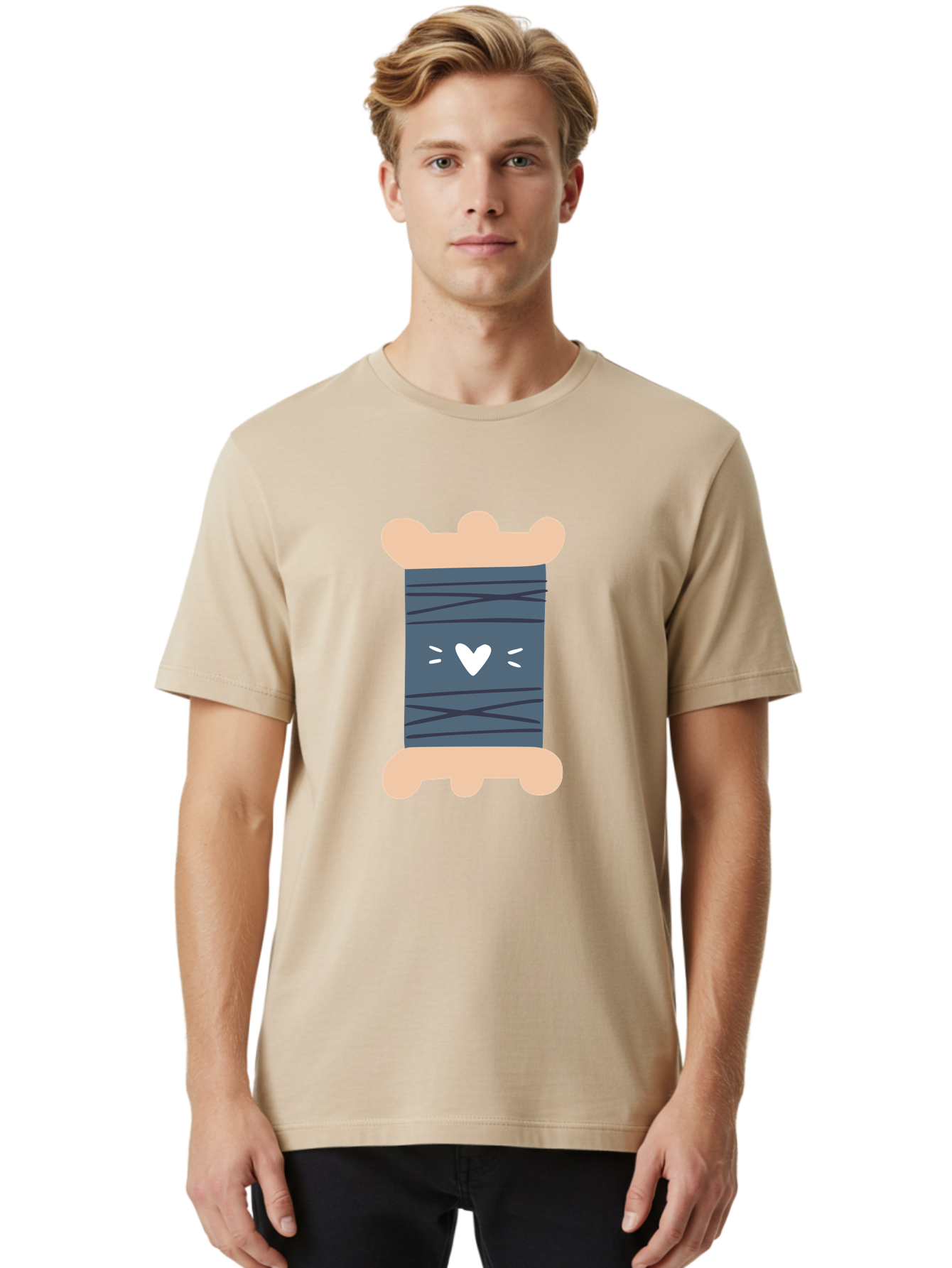 Spool-Of-Thread-2 Men'S Graphic Tee, 100% Cotton, Comfortable Casual Summer Wear, Machine Washable, Spool Of Thread, Sewing Supplies, Crafting Materials, Dark Blue Thread, Heart Symbol, Cute Design, Embroidery Thread, Sewing Kit Aac115