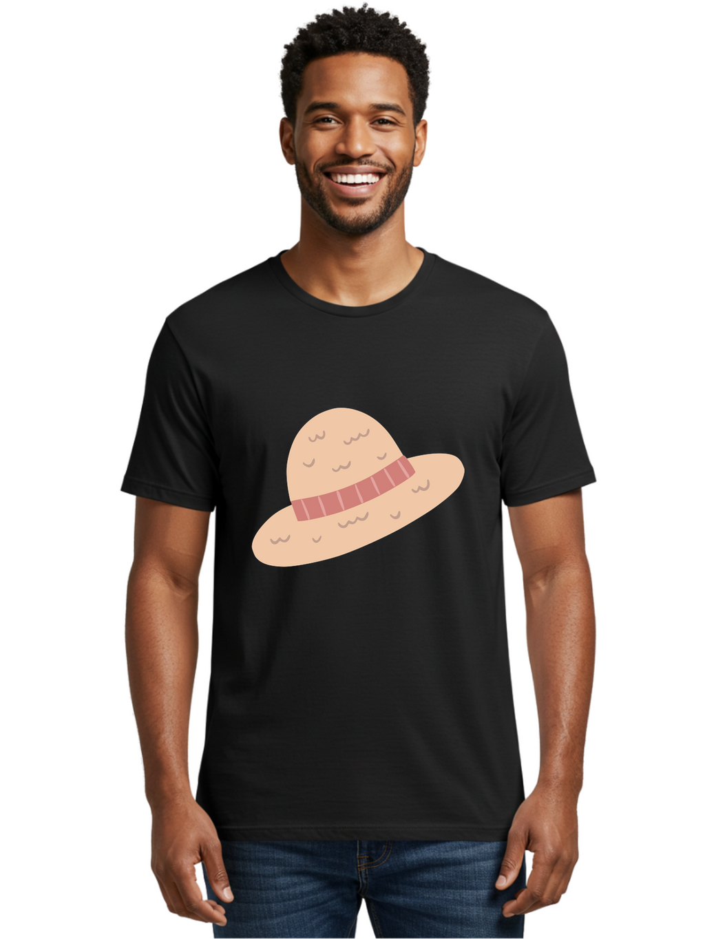 Straw-Hat Men'S Graphic Tee, 100% Cotton, Comfortable Casual Summer Wear, Machine Washable, Straw Hat With Ribbon Band, Summer Hat, Beachwear Fashion, Bohemian Style, Stylish Accessory, Outdoor Gear Aac118