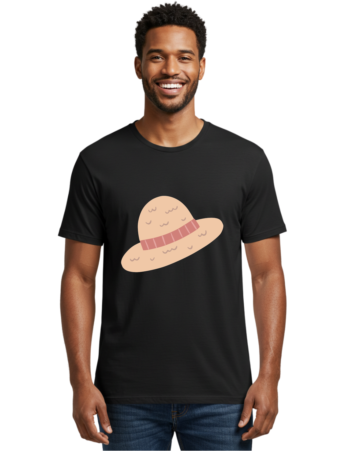 Straw-Hat Men'S Graphic Tee, 100% Cotton, Comfortable Casual Summer Wear, Machine Washable, Straw Hat With Ribbon Band, Summer Hat, Beachwear Fashion, Bohemian Style, Stylish Accessory, Outdoor Gear Aac118