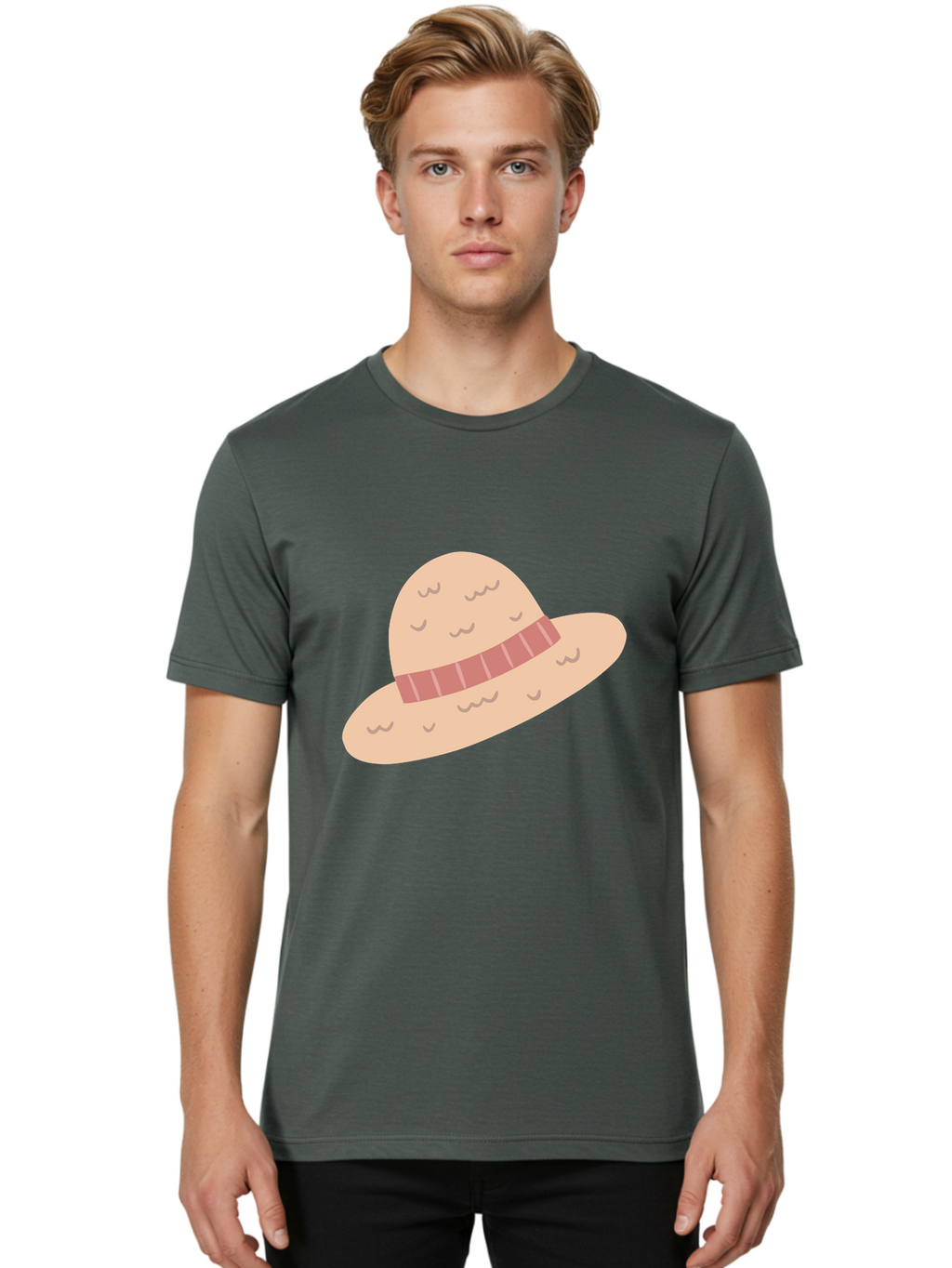 Straw-Hat Men'S Graphic Tee, 100% Cotton, Comfortable Casual Summer Wear, Machine Washable, Straw Hat With Ribbon Band, Summer Hat, Beachwear Fashion, Bohemian Style, Stylish Accessory, Outdoor Gear Aac118