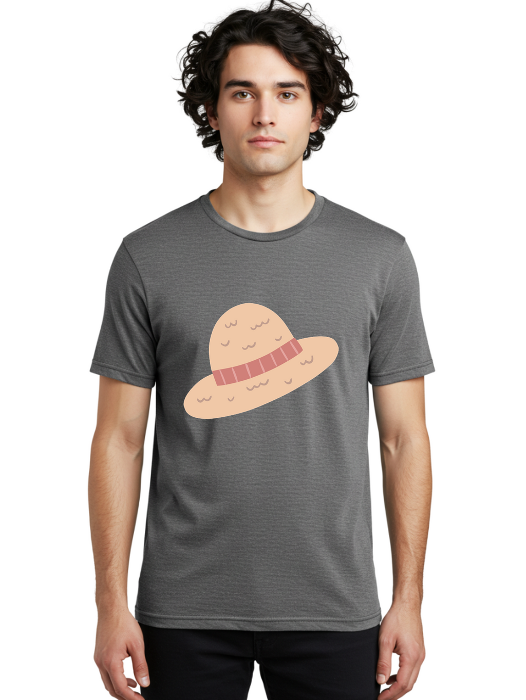 Straw-Hat Men'S Graphic Tee, 100% Cotton, Comfortable Casual Summer Wear, Machine Washable, Straw Hat With Ribbon Band, Summer Hat, Beachwear Fashion, Bohemian Style, Stylish Accessory, Outdoor Gear Aac118