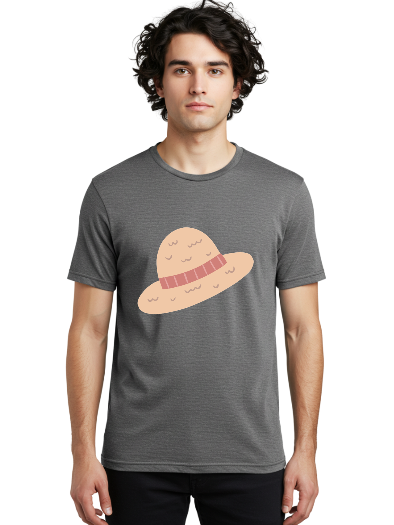 Straw-Hat Men'S Graphic Tee, 100% Cotton, Comfortable Casual Summer Wear, Machine Washable, Straw Hat With Ribbon Band, Summer Hat, Beachwear Fashion, Bohemian Style, Stylish Accessory, Outdoor Gear Aac118