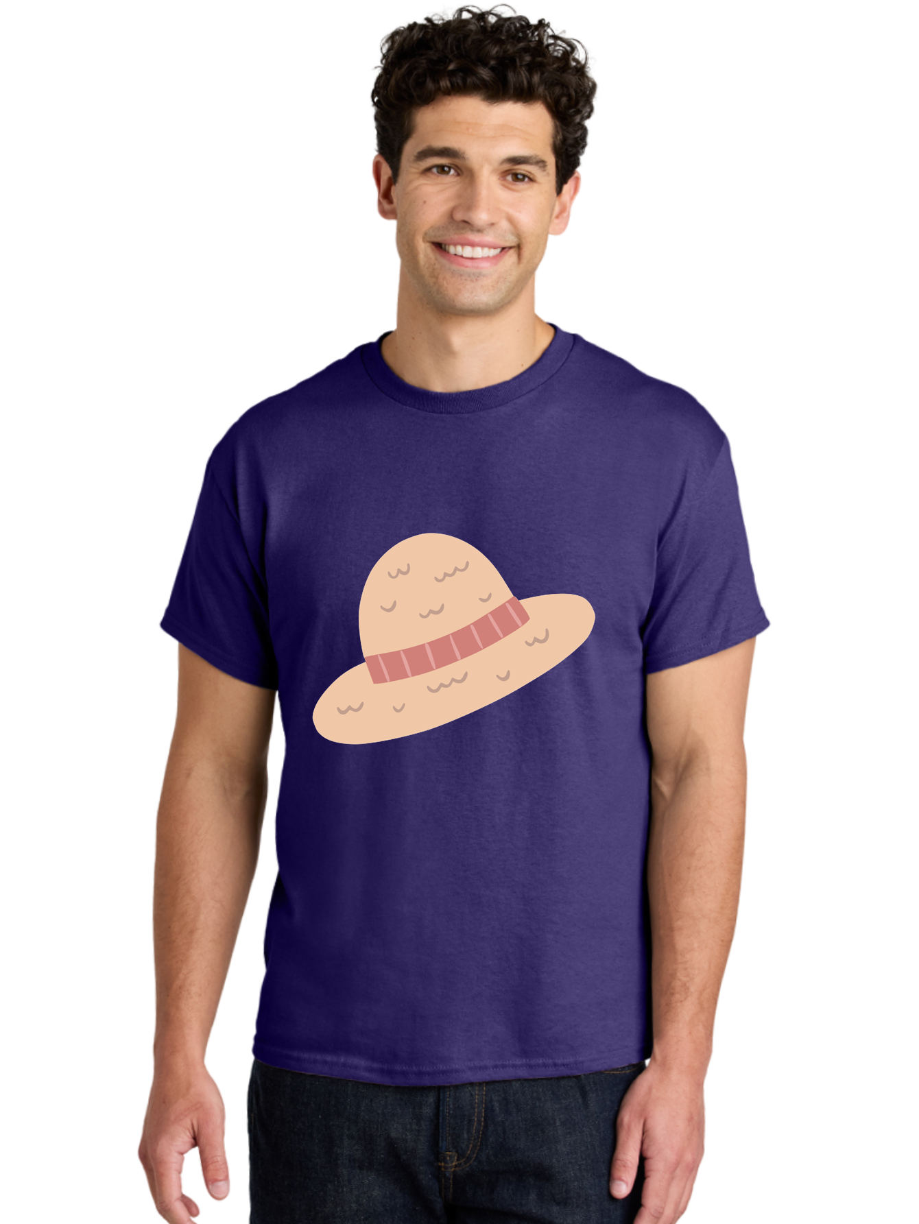Straw-Hat Men'S Graphic Tee, 100% Cotton, Comfortable Casual Summer Wear, Machine Washable, Straw Hat With Ribbon Band, Summer Hat, Beachwear Fashion, Bohemian Style, Stylish Accessory, Outdoor Gear Aac118
