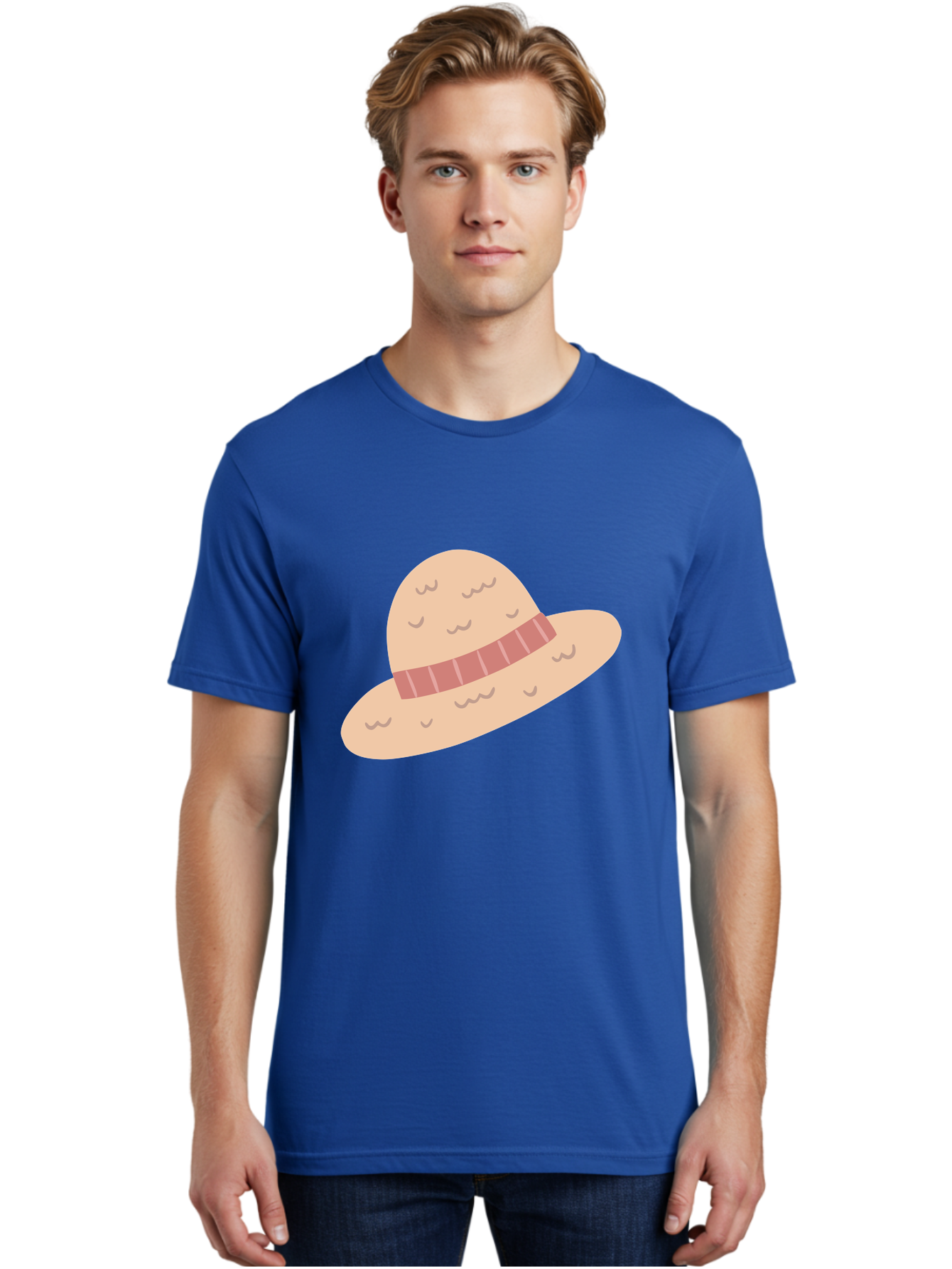 Straw-Hat Men'S Graphic Tee, 100% Cotton, Comfortable Casual Summer Wear, Machine Washable, Straw Hat With Ribbon Band, Summer Hat, Beachwear Fashion, Bohemian Style, Stylish Accessory, Outdoor Gear Aac118