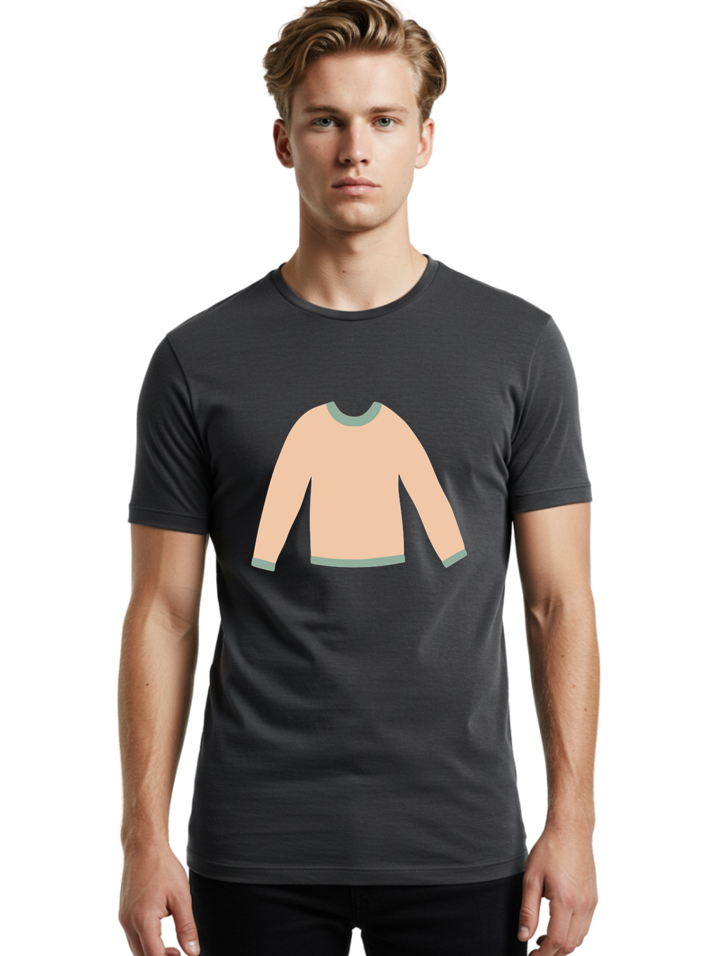 Sweater Men'S Graphic Tee, 100% Cotton, Comfortable Casual Summer Wear, Machine Washable, Peach-Colored Sweater, Long-Sleeved Shirt, Casual Wear, Comfortable Clothing, Soft Peach, Gray Trim, Simple Design, Minimalist Fashion Aac120