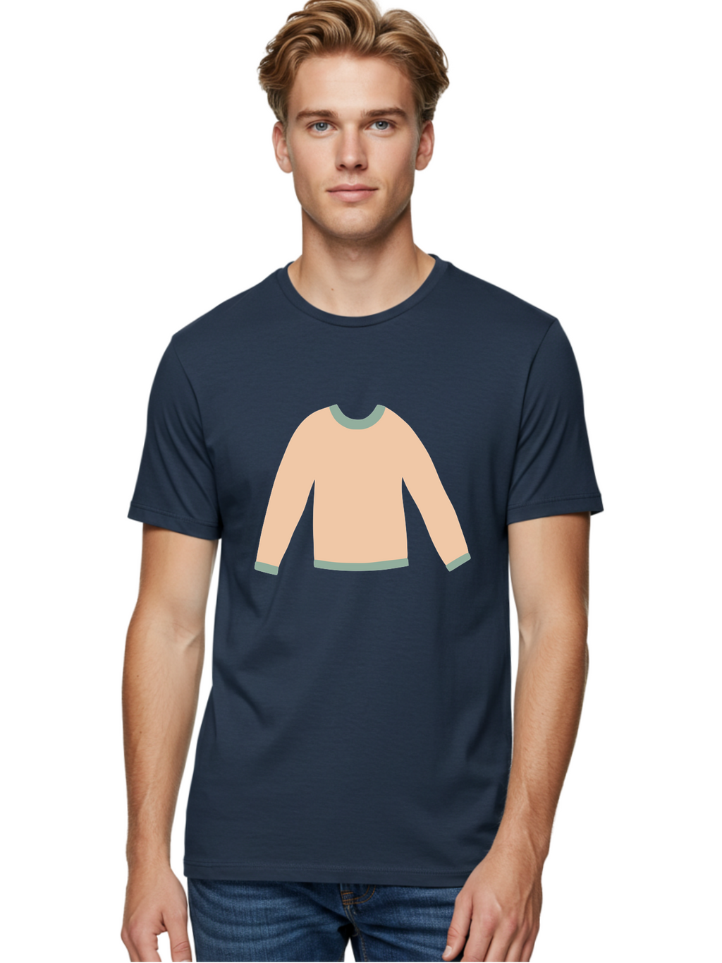 Sweater Men'S Graphic Tee, 100% Cotton, Comfortable Casual Summer Wear, Machine Washable, Peach-Colored Sweater, Long-Sleeved Shirt, Casual Wear, Comfortable Clothing, Soft Peach, Gray Trim, Simple Design, Minimalist Fashion Aac120