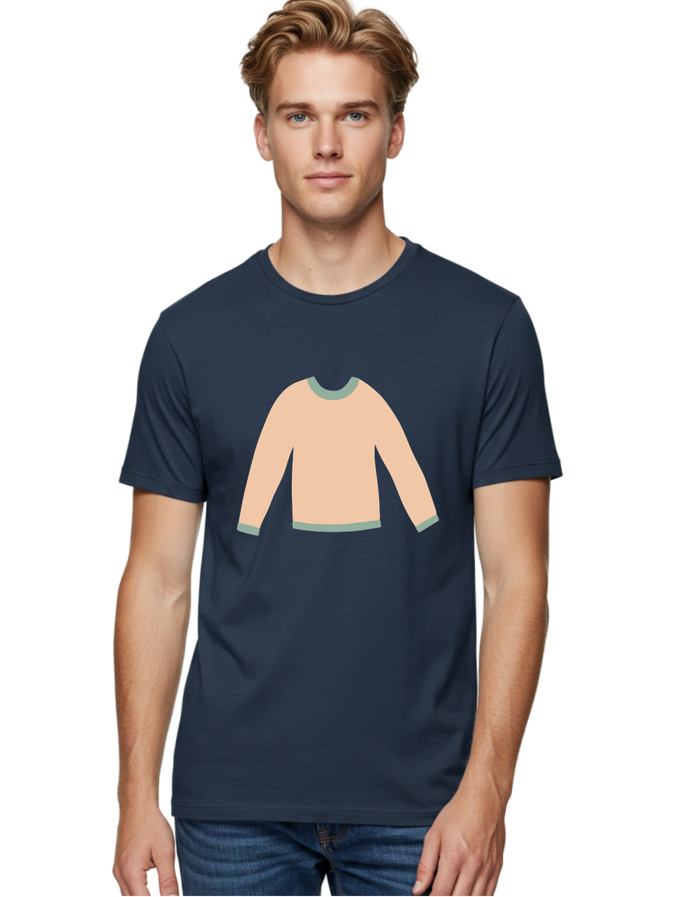 Sweater Men'S Graphic Tee, 100% Cotton, Comfortable Casual Summer Wear, Machine Washable, Peach-Colored Sweater, Long-Sleeved Shirt, Casual Wear, Comfortable Clothing, Soft Peach, Gray Trim, Simple Design, Minimalist Fashion Aac120
