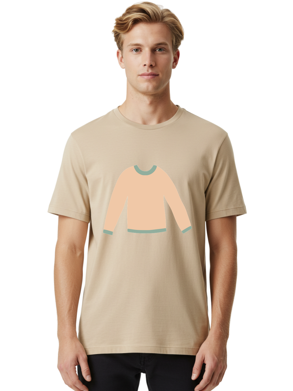 Sweater Men'S Graphic Tee, 100% Cotton, Comfortable Casual Summer Wear, Machine Washable, Peach-Colored Sweater, Long-Sleeved Shirt, Casual Wear, Comfortable Clothing, Soft Peach, Gray Trim, Simple Design, Minimalist Fashion Aac120