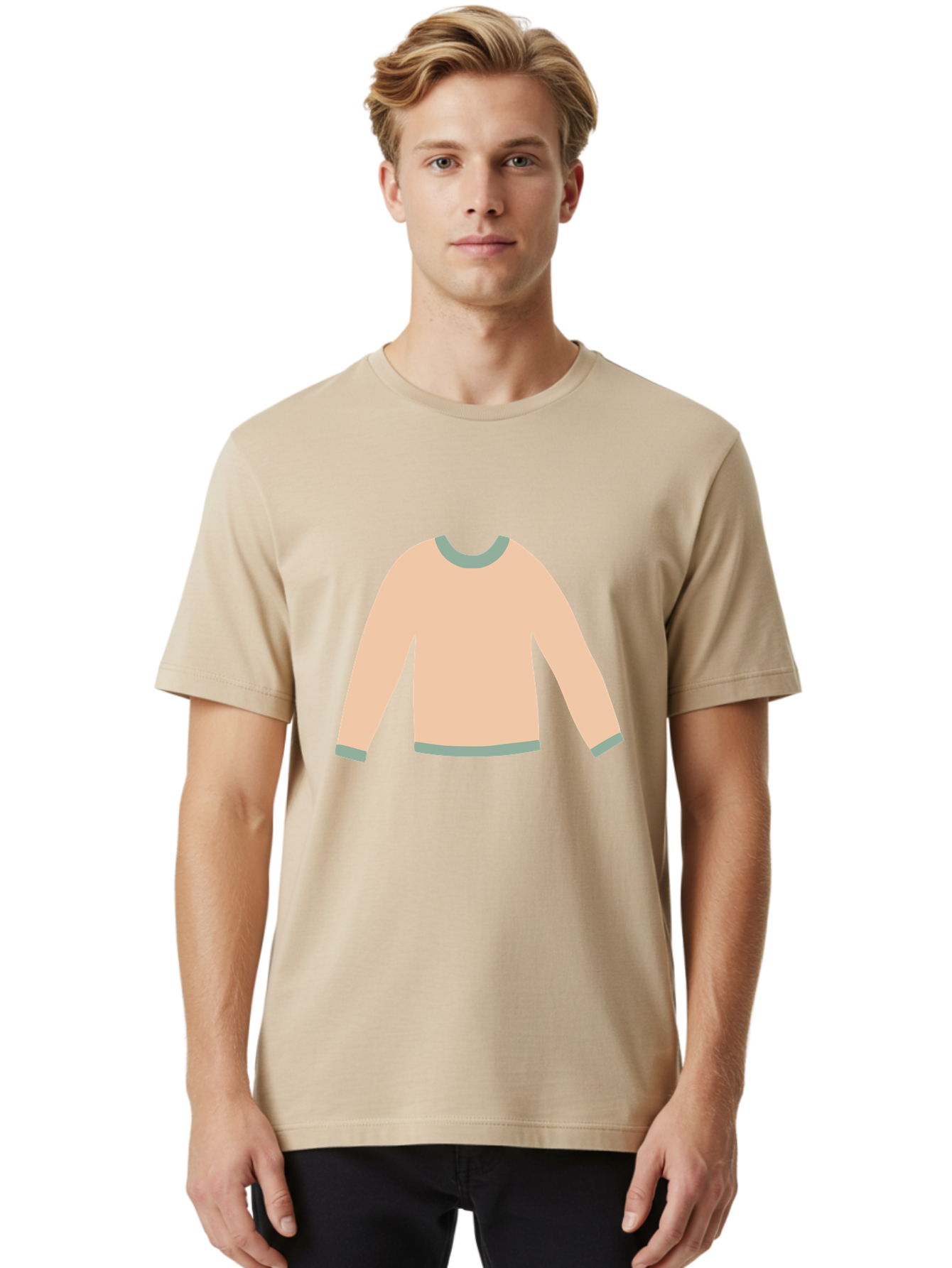 Sweater Men'S Graphic Tee, 100% Cotton, Comfortable Casual Summer Wear, Machine Washable, Peach-Colored Sweater, Long-Sleeved Shirt, Casual Wear, Comfortable Clothing, Soft Peach, Gray Trim, Simple Design, Minimalist Fashion Aac120