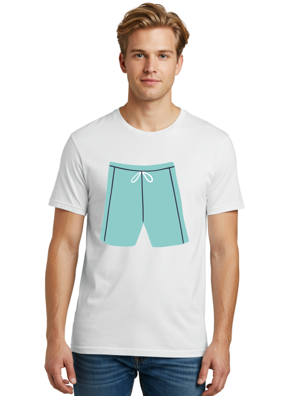 Teal-Shorts Men'S Graphic Tee, 100% Cotton, Comfortable Casual Summer Wear, Machine Washable, Teal Shorts, Drawstring Waist, Black Stripes, Athletic Wear, Casual Fashion, Comfortable Clothing, Relaxed Fit, Summer Style Aac123