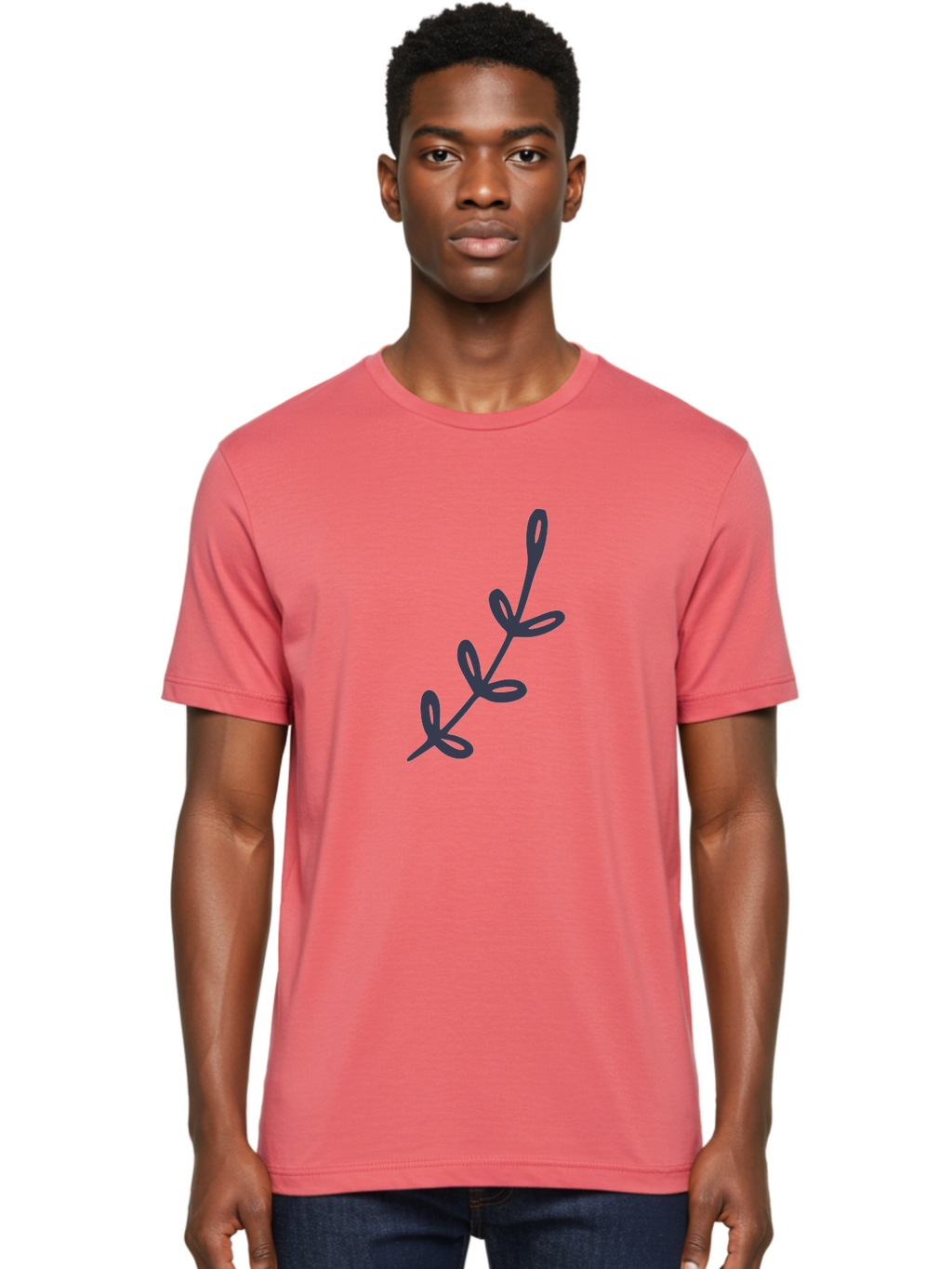 Three-Leaf-Stem Men'S Graphic Tee, 100% Cotton, Comfortable Casual Summer Wear, Machine Washable, Simple Drawing, Minimalistic Art, Abstract Design, Oval Shapes, Leafy Stem, Dark Gray Lines, Modern Illustration, Stylized Plant Aac126