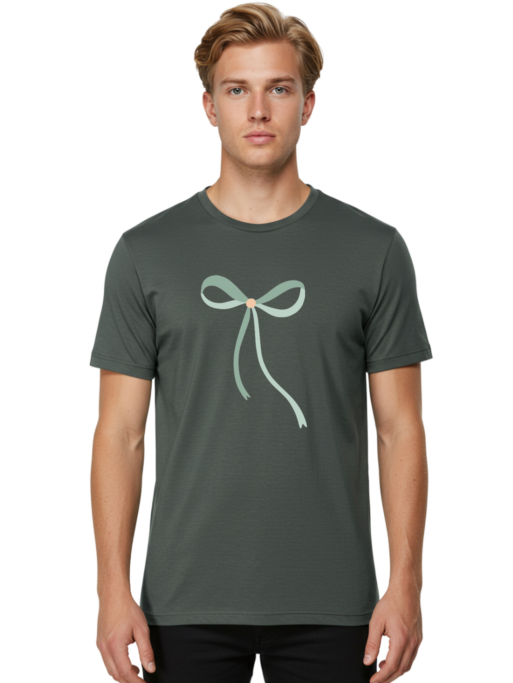 White-Bow Men'S Graphic Tee, 100% Cotton, Comfortable Casual Summer Wear, Machine Washable, Grey Ribbon, Bow Decoration, Gift Wrapping, Celebratory Decor, Party Favors, Elegant Design, Soft Pastel, Minimalist Style Aac134