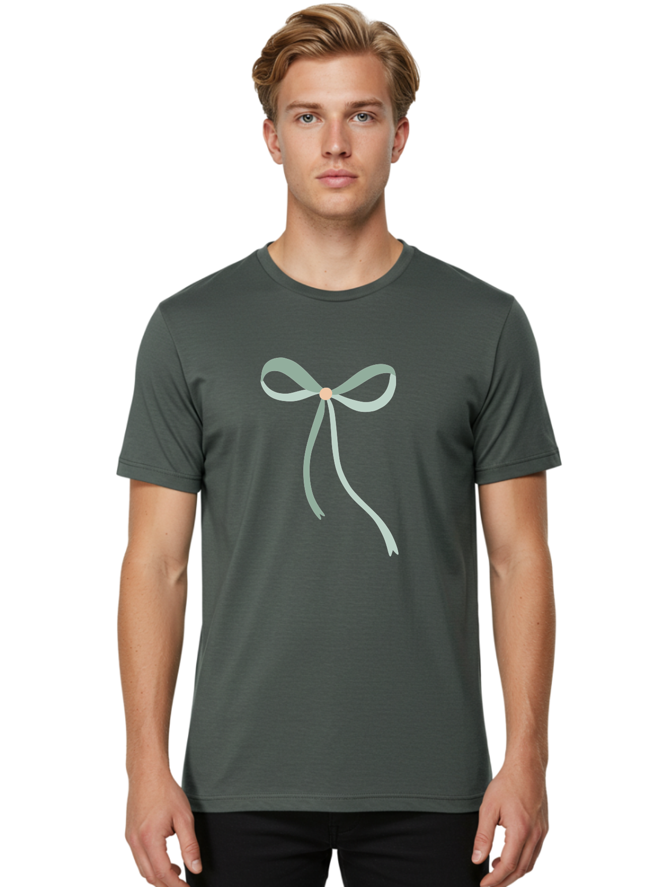 White-Bow Men'S Graphic Tee, 100% Cotton, Comfortable Casual Summer Wear, Machine Washable, Grey Ribbon, Bow Decoration, Gift Wrapping, Celebratory Decor, Party Favors, Elegant Design, Soft Pastel, Minimalist Style Aac134