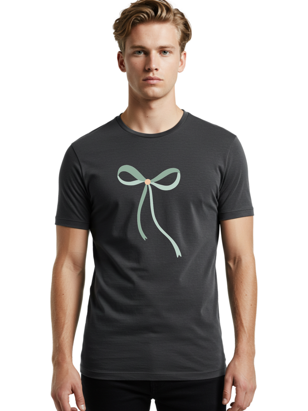 White-Bow Men'S Graphic Tee, 100% Cotton, Comfortable Casual Summer Wear, Machine Washable, Grey Ribbon, Bow Decoration, Gift Wrapping, Celebratory Decor, Party Favors, Elegant Design, Soft Pastel, Minimalist Style Aac134