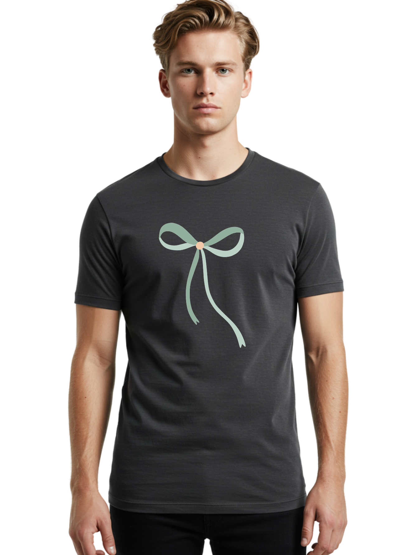 White-Bow Men'S Graphic Tee, 100% Cotton, Comfortable Casual Summer Wear, Machine Washable, Grey Ribbon, Bow Decoration, Gift Wrapping, Celebratory Decor, Party Favors, Elegant Design, Soft Pastel, Minimalist Style Aac134