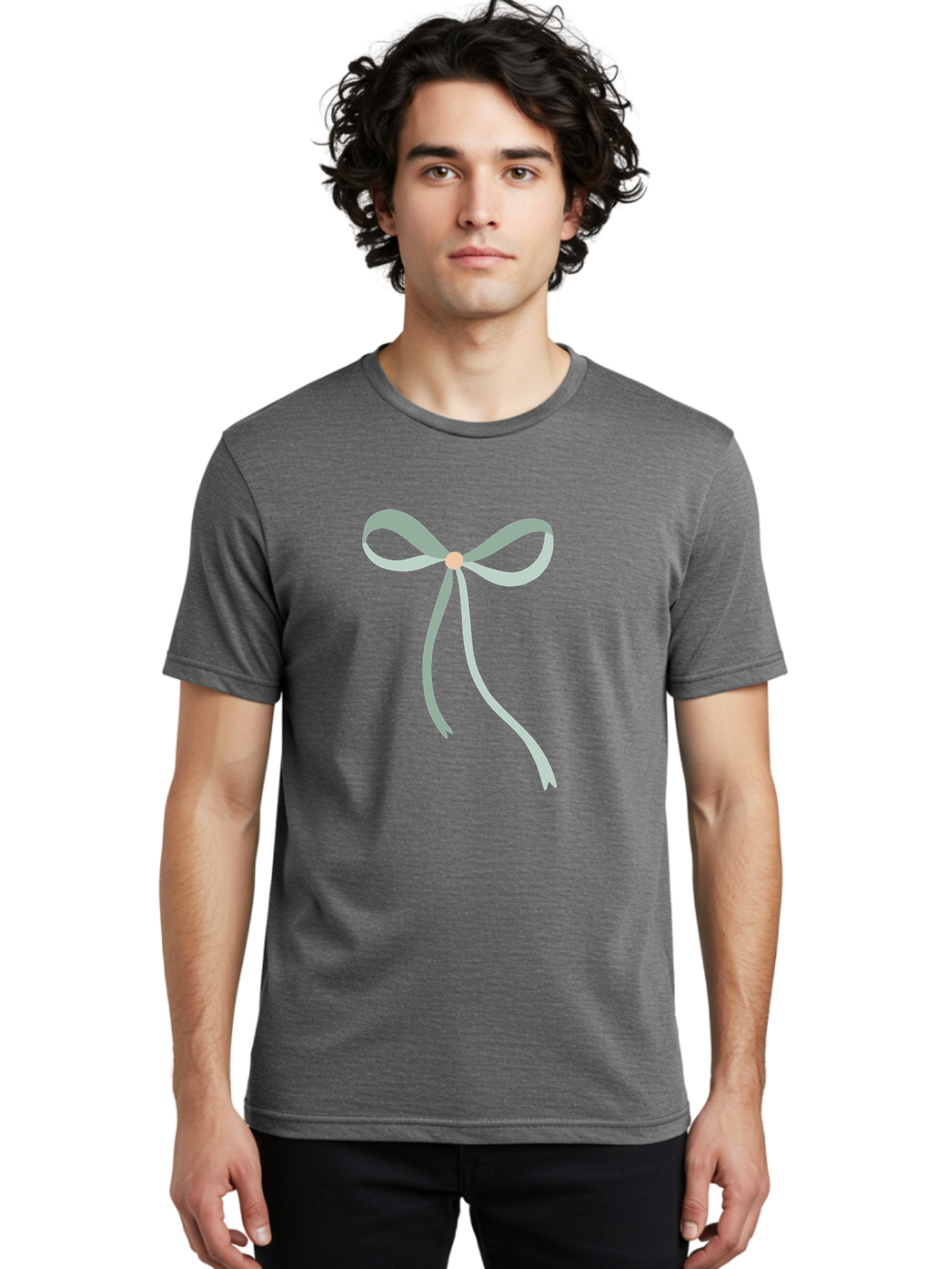 White-Bow Men'S Graphic Tee, 100% Cotton, Comfortable Casual Summer Wear, Machine Washable, Grey Ribbon, Bow Decoration, Gift Wrapping, Celebratory Decor, Party Favors, Elegant Design, Soft Pastel, Minimalist Style Aac134