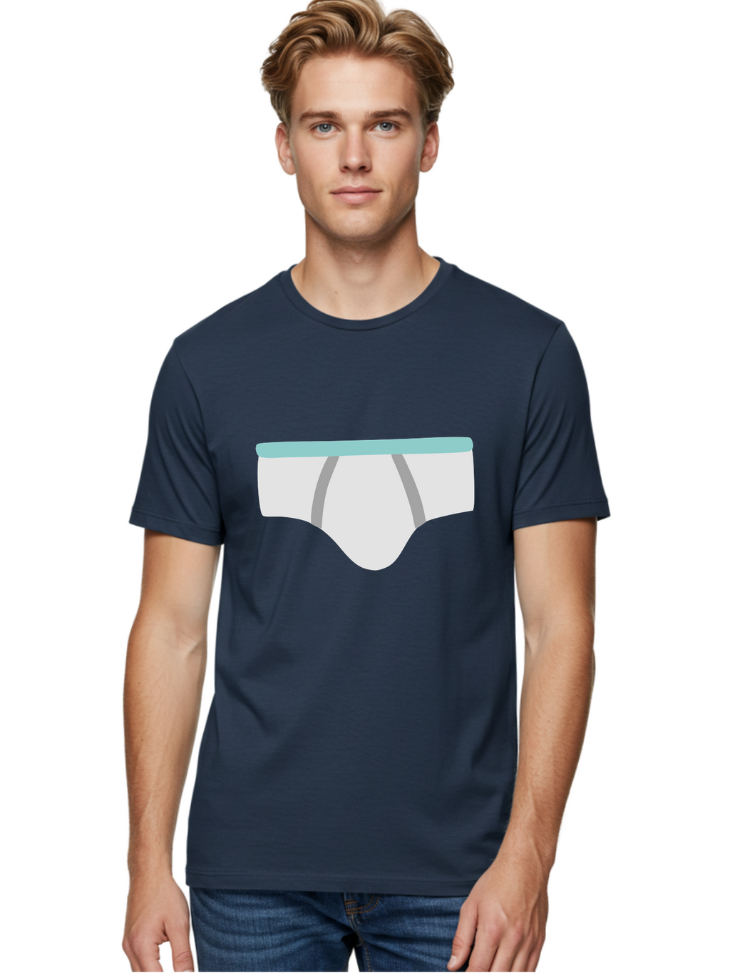 White-Underwear Men'S Graphic Tee, 100% Cotton, Comfortable Casual Summer Wear, Machine Washable, Men'S Briefs, White Underwear, Gray Stripes, Light Blue Waistband, Comfortable Undergarments, Minimalist Design, Simple Illustration Aac138
