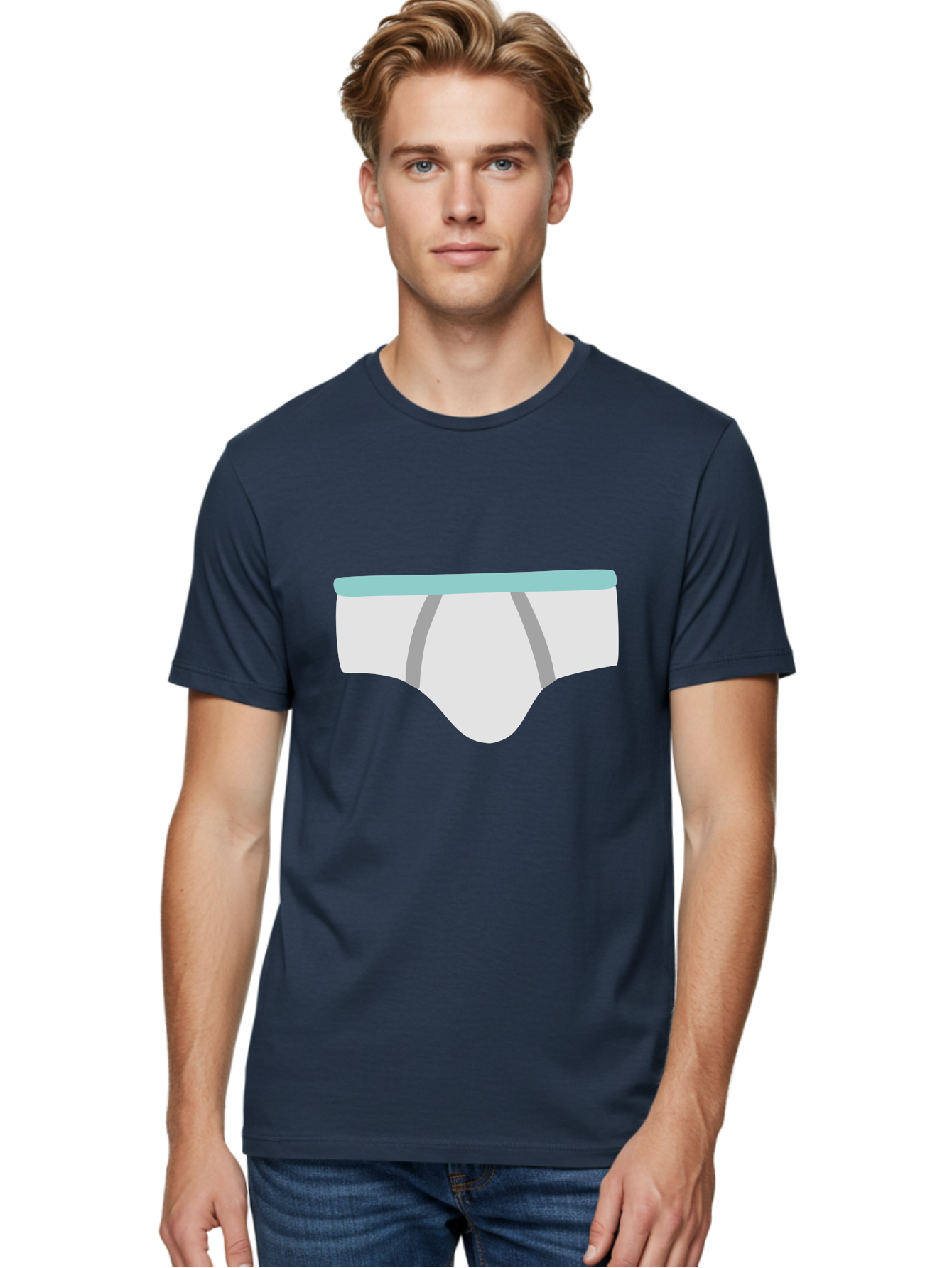 White-Underwear Men'S Graphic Tee, 100% Cotton, Comfortable Casual Summer Wear, Machine Washable, Men'S Briefs, White Underwear, Gray Stripes, Light Blue Waistband, Comfortable Undergarments, Minimalist Design, Simple Illustration Aac138
