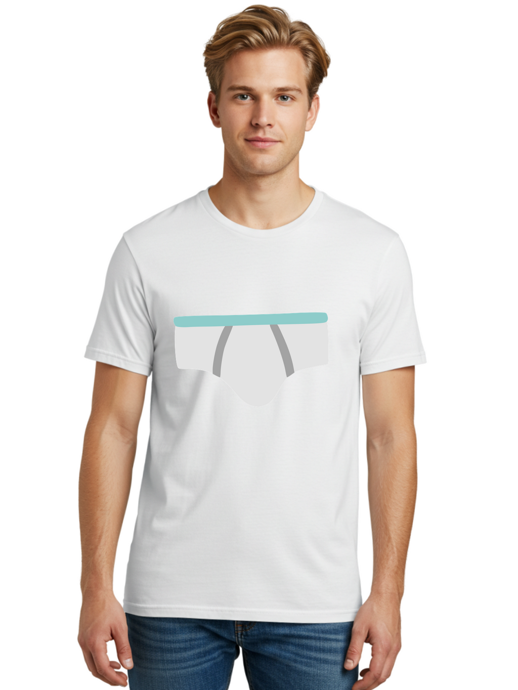 White-Underwear Men'S Graphic Tee, 100% Cotton, Comfortable Casual Summer Wear, Machine Washable, Men'S Briefs, White Underwear, Gray Stripes, Light Blue Waistband, Comfortable Undergarments, Minimalist Design, Simple Illustration Aac138