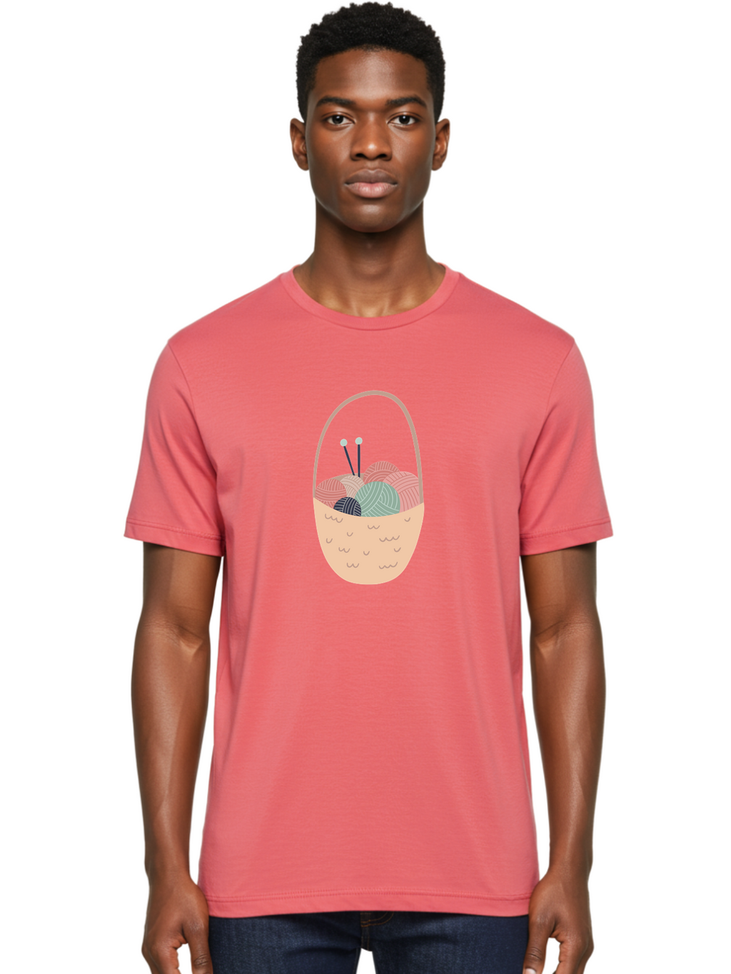 Yarn-Basket Men'S Graphic Tee, 100% Cotton, Comfortable Casual Summer Wear, Machine Washable, Yarn Balls, Knitting Needles, Knitting Basket, Pastel Colors, Hobby Supplies, Crafting Tools, Diy Accessories, Handmade Materials Aac146