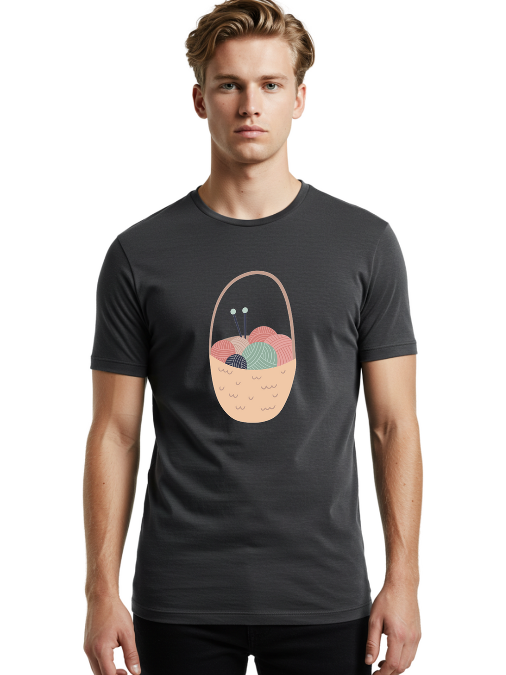 Yarn-Basket Men'S Graphic Tee, 100% Cotton, Comfortable Casual Summer Wear, Machine Washable, Yarn Balls, Knitting Needles, Knitting Basket, Pastel Colors, Hobby Supplies, Crafting Tools, Diy Accessories, Handmade Materials Aac146