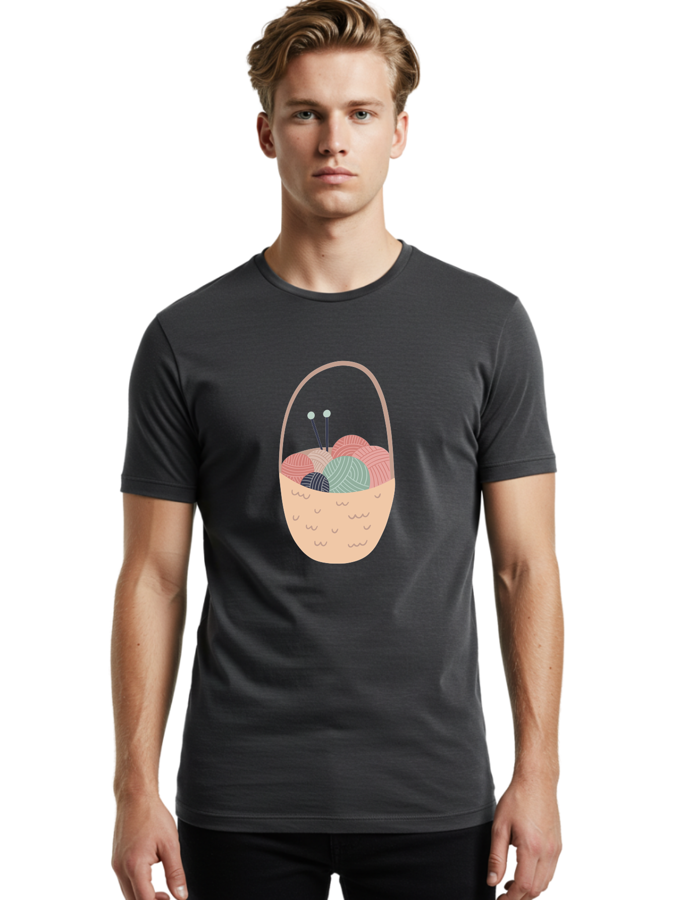 Yarn-Basket Men'S Graphic Tee, 100% Cotton, Comfortable Casual Summer Wear, Machine Washable, Yarn Balls, Knitting Needles, Knitting Basket, Pastel Colors, Hobby Supplies, Crafting Tools, Diy Accessories, Handmade Materials Aac146