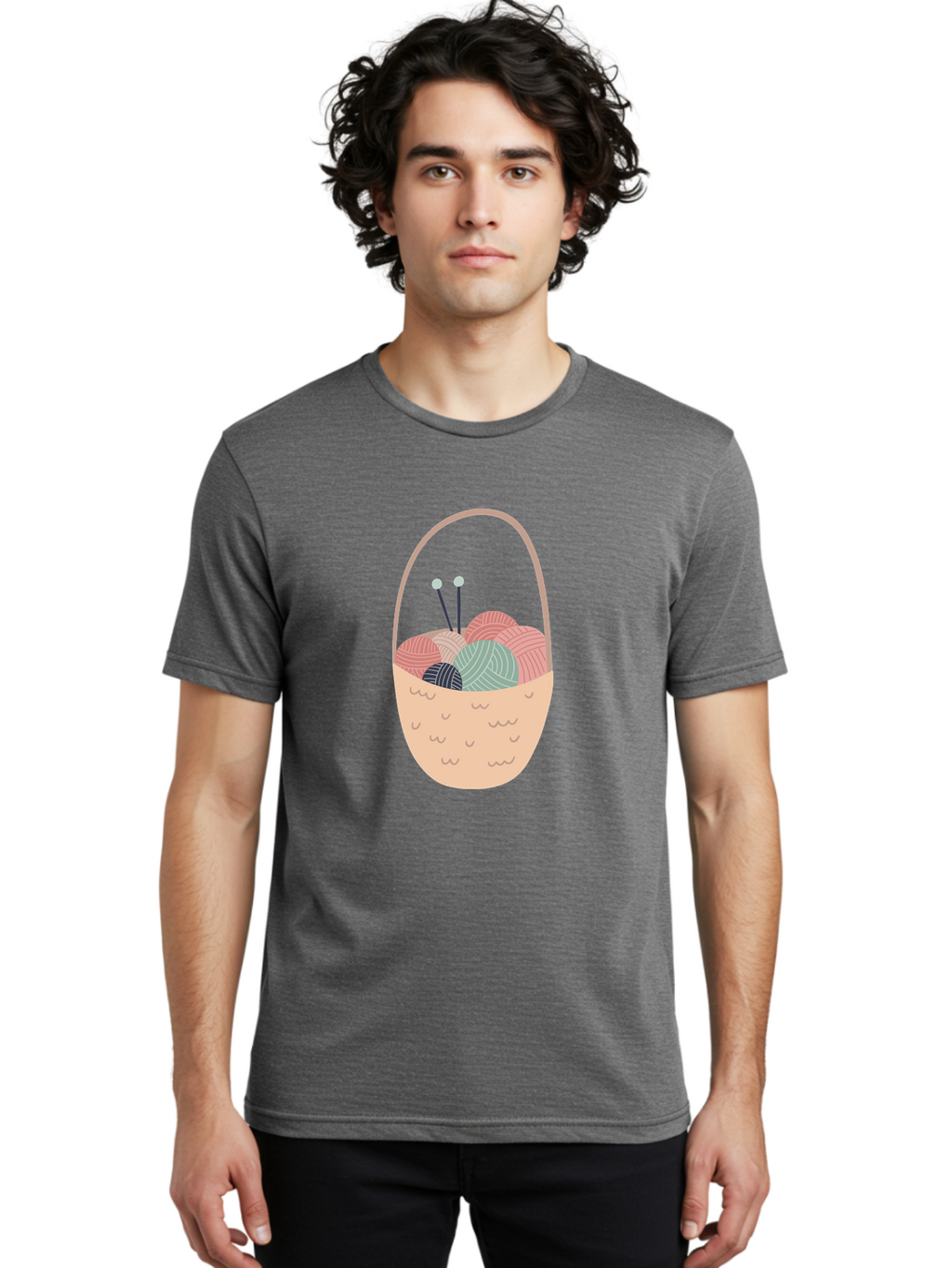 Yarn-Basket Men'S Graphic Tee, 100% Cotton, Comfortable Casual Summer Wear, Machine Washable, Yarn Balls, Knitting Needles, Knitting Basket, Pastel Colors, Hobby Supplies, Crafting Tools, Diy Accessories, Handmade Materials Aac146