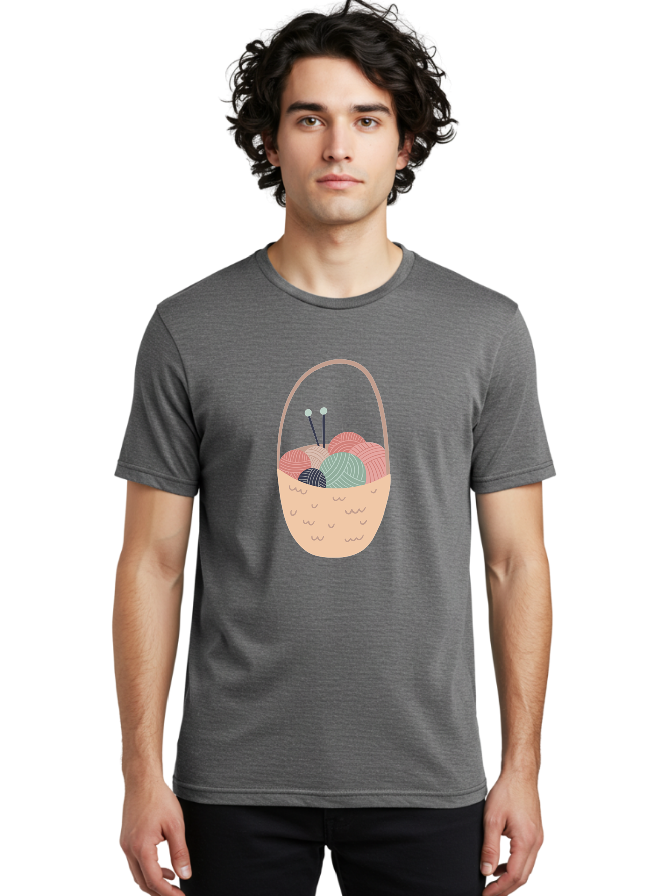 Yarn-Basket Men'S Graphic Tee, 100% Cotton, Comfortable Casual Summer Wear, Machine Washable, Yarn Balls, Knitting Needles, Knitting Basket, Pastel Colors, Hobby Supplies, Crafting Tools, Diy Accessories, Handmade Materials Aac146