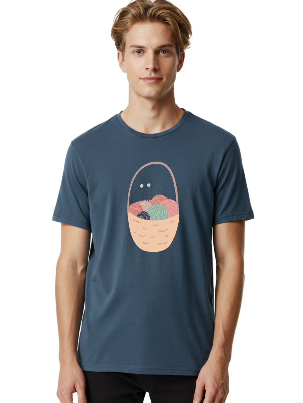 Yarn-Basket Men'S Graphic Tee, 100% Cotton, Comfortable Casual Summer Wear, Machine Washable, Yarn Balls, Knitting Needles, Knitting Basket, Pastel Colors, Hobby Supplies, Crafting Tools, Diy Accessories, Handmade Materials Aac146
